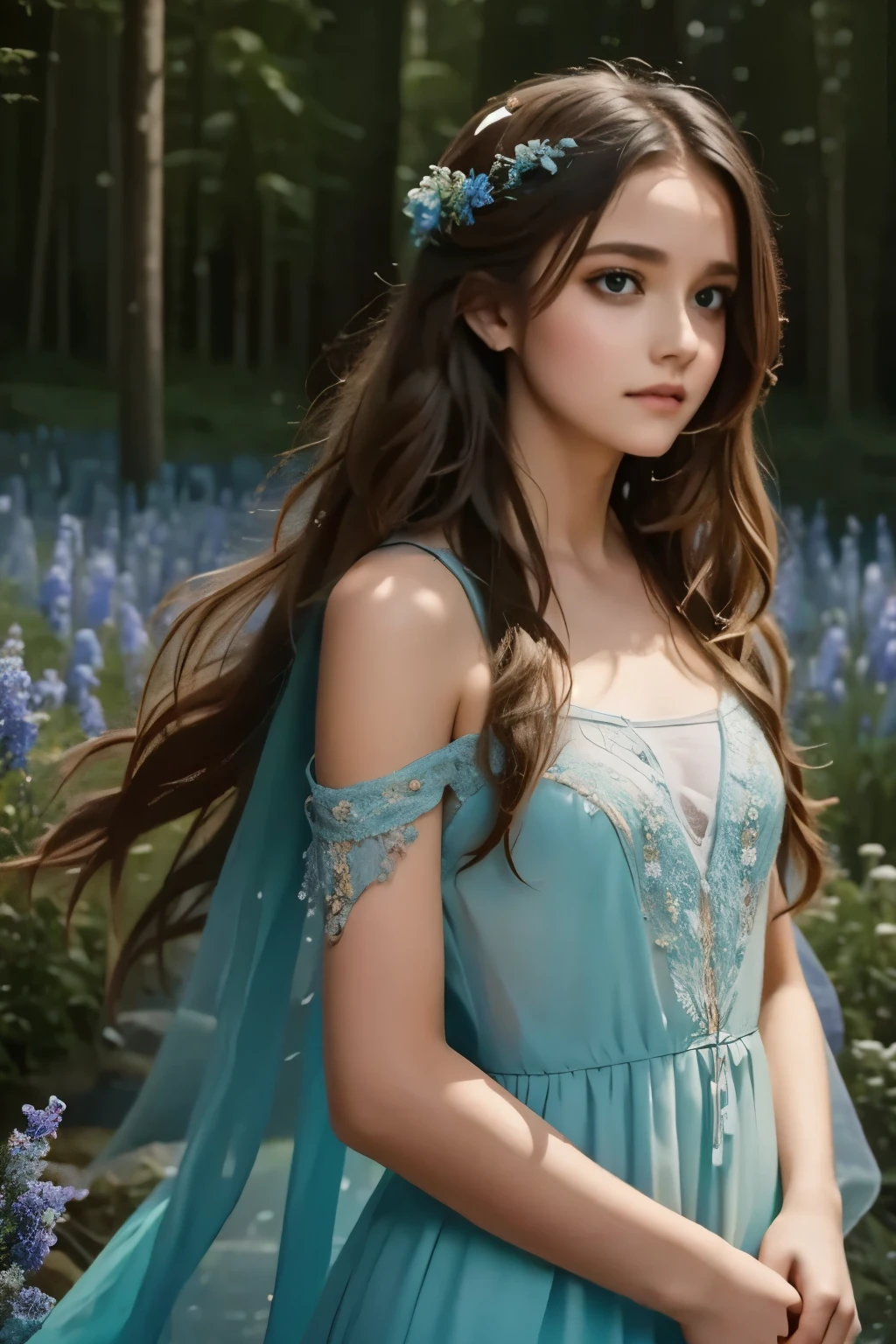 A dreamy landscape unfolds: a solitary girl with flowing hair and ethereal gown, set against a kaleidoscope of wildflowers and towering trees, bathed in soft moonlight that casts an otherworldly glow on her tranquil face. In the distance, stars twinkle like diamonds scattered across the celestial canvas, while the forest's ancient magic whispers secrets to the wind.