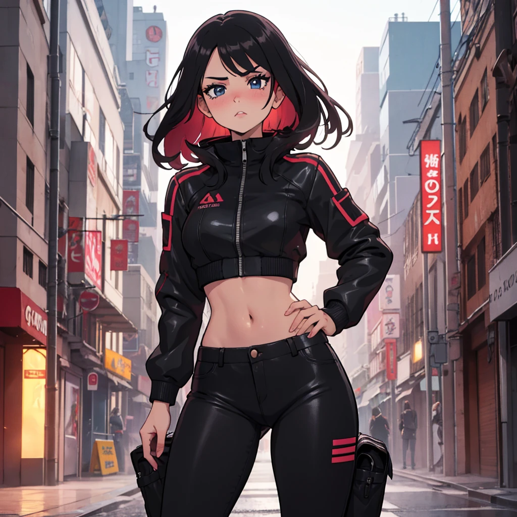 Girl, spy, black widow suit, crop top showing navel, 