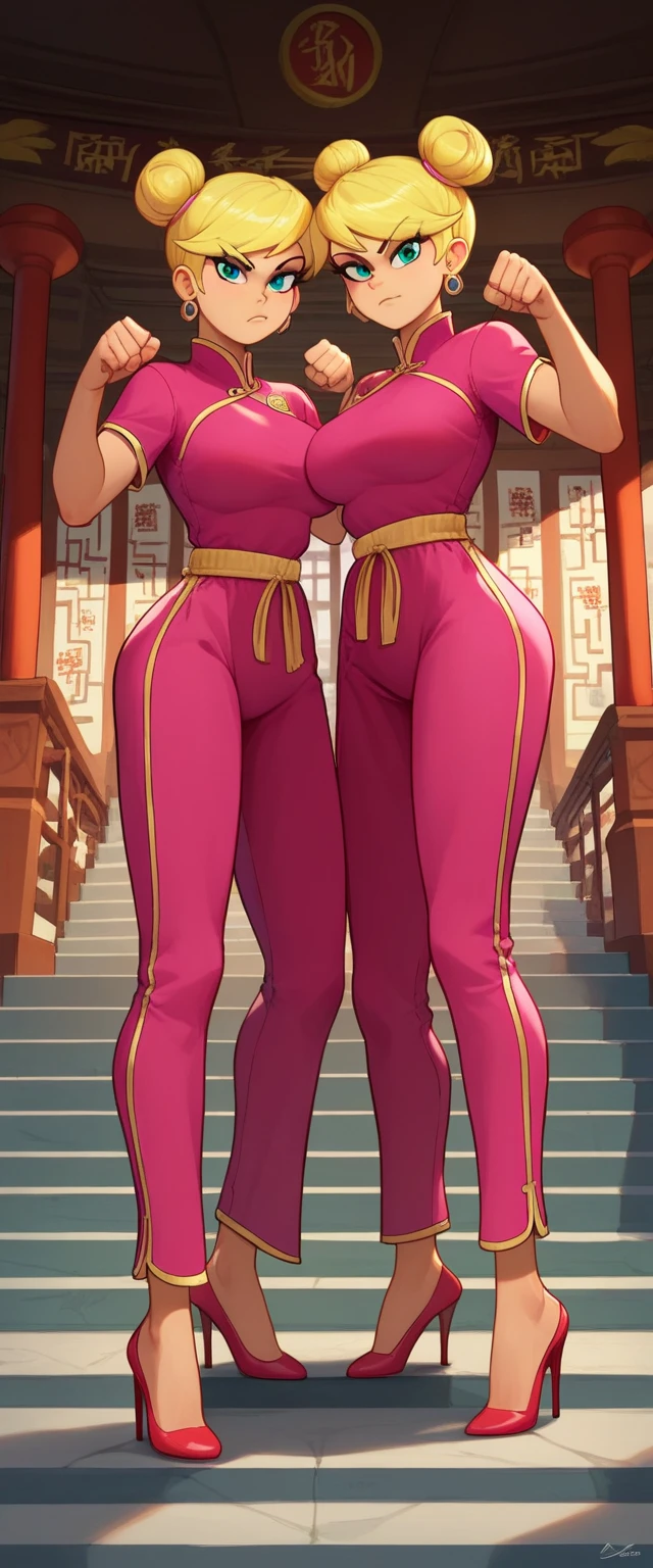 lola loud, 2girls, duo, 24yo girl, large breasts, pink cheongsam, inside of a chinese temple, looking at viewer, blonde hair, two hair buns , hands score_9, score_8_up, score_7_up, high heels, teep fighting stance,martial arts, stairs behind her, guarding the stairs, they wear the same outfit, they are twins