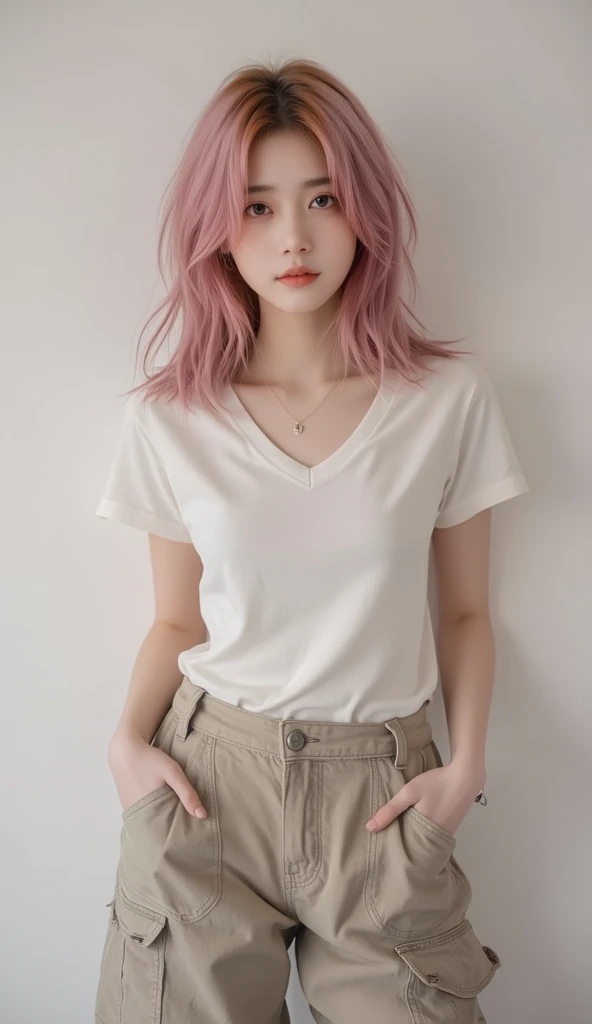 1girl, solo, long hair, skirt, blush, looking at viewer, pleated skirt, shirt, pink hair, short sleeves, hair between eyes, short over long sleeves, white shirt, layered sleeves, standing, bangs, long sleeves, jacket