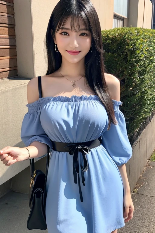 ((Best Quality, 8K, Masterpiece: 1.3)), Fat Body Beauty: 1.4, 30 years old, mature, Bust fullness: 1.6, Thigh Volume: 1.6, Highly detailed face and skin texture, Delicate eyes, Double eyelids, Chubby face, thin lips, smile, fair skin, (dress: 1.6), Standing posture, city street background