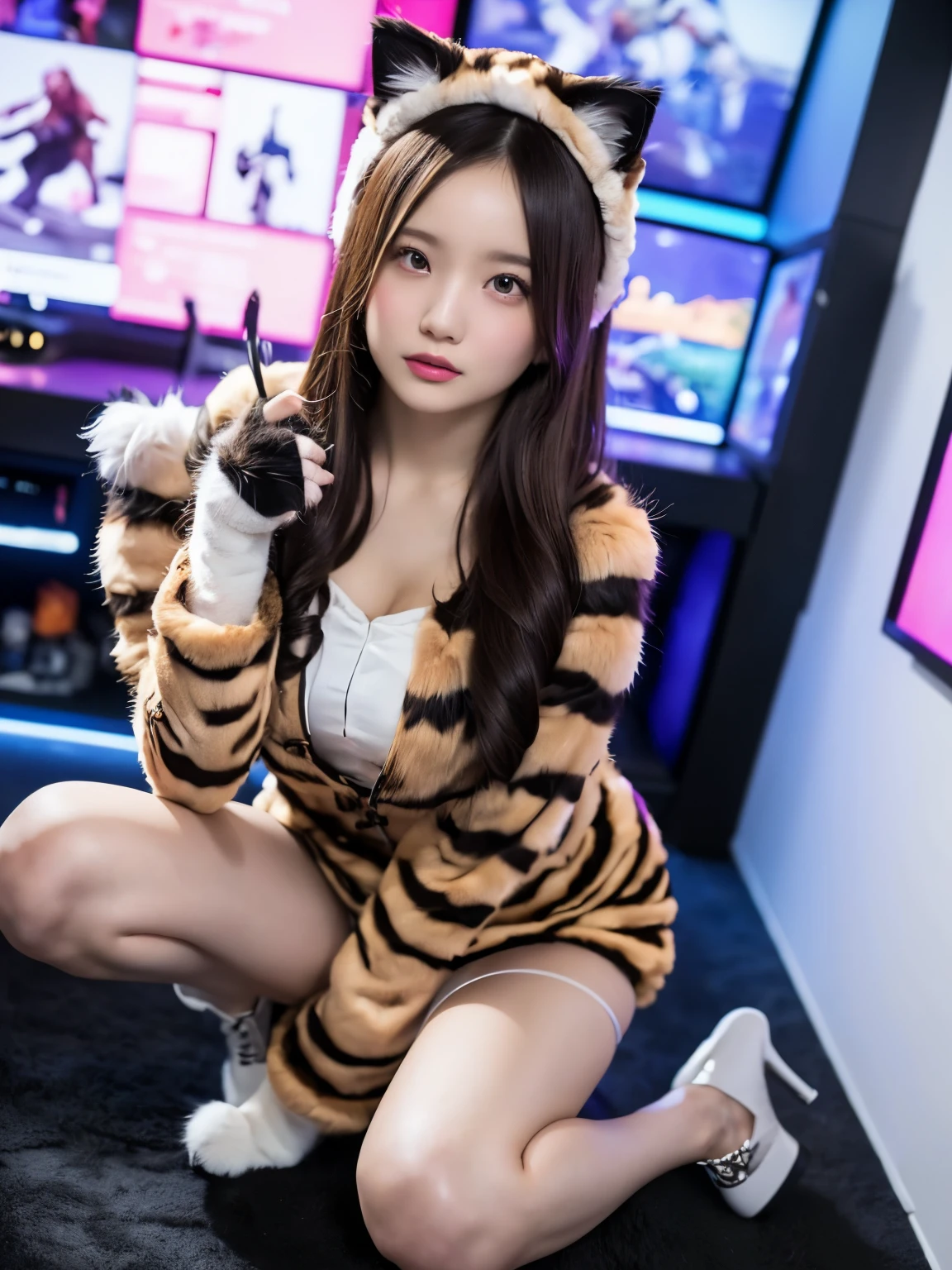 ((Highest quality, 8k)), ((masterpiece)), (Highest Resolution), Perfect Face, Raccoon Woman, Female announcer, Beautiful woman, public, One tail, she has thick thighs, Big tail, She has an orange raccoon tail., She wags her tail, smile, Fur collar, she is wearing a short skirt, Beautiful hip line, On all fours