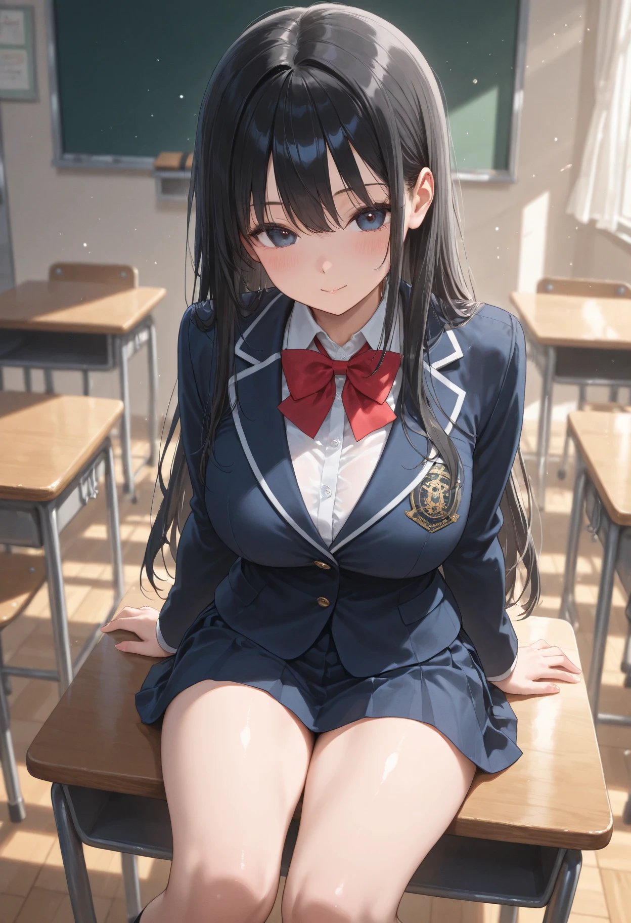 Highest quality、High resolution、Detailed Background、(Beautiful face in every detail:1.4)、Anatomically correct、(Highly detailed face:1.2)、Detailed eyes、Teenage beauty、(Huge breasts:1.2)、Perfect body line、Braided Ponytail、Navy blue sailor suit、White sailor collar、Navy blue pleated skirt、White Stockings、Attractive thighs、Looking at me with a happy expression、Accentuate your breasts、Accentuate your cleavage、
(View from below of  sitting at desk in classroom:1.5)、Panty Shot、cute