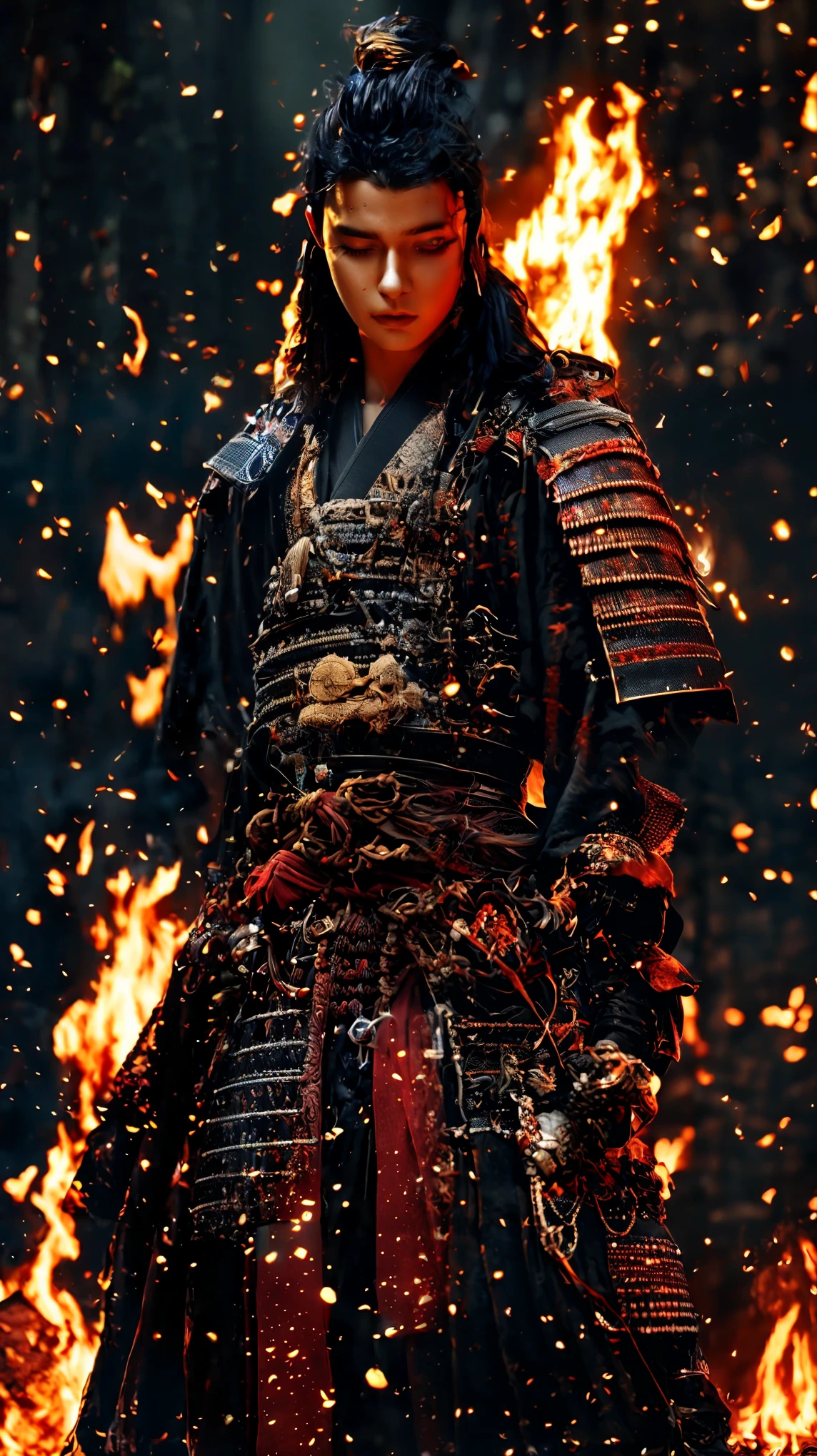 Live Wallpaper 4K High Definition, Long Haired Girl With Fire, His Body Is Flames, He Stands In Front Of The Fire, Samurai Warrior Guardian In Red And White Kimono, Realistic Human, CG Animation, Mana, Indian Warrior, Unreal Engine, High Performance, Scary Demon, Beautiful Woman, Lens Flare, Volcano