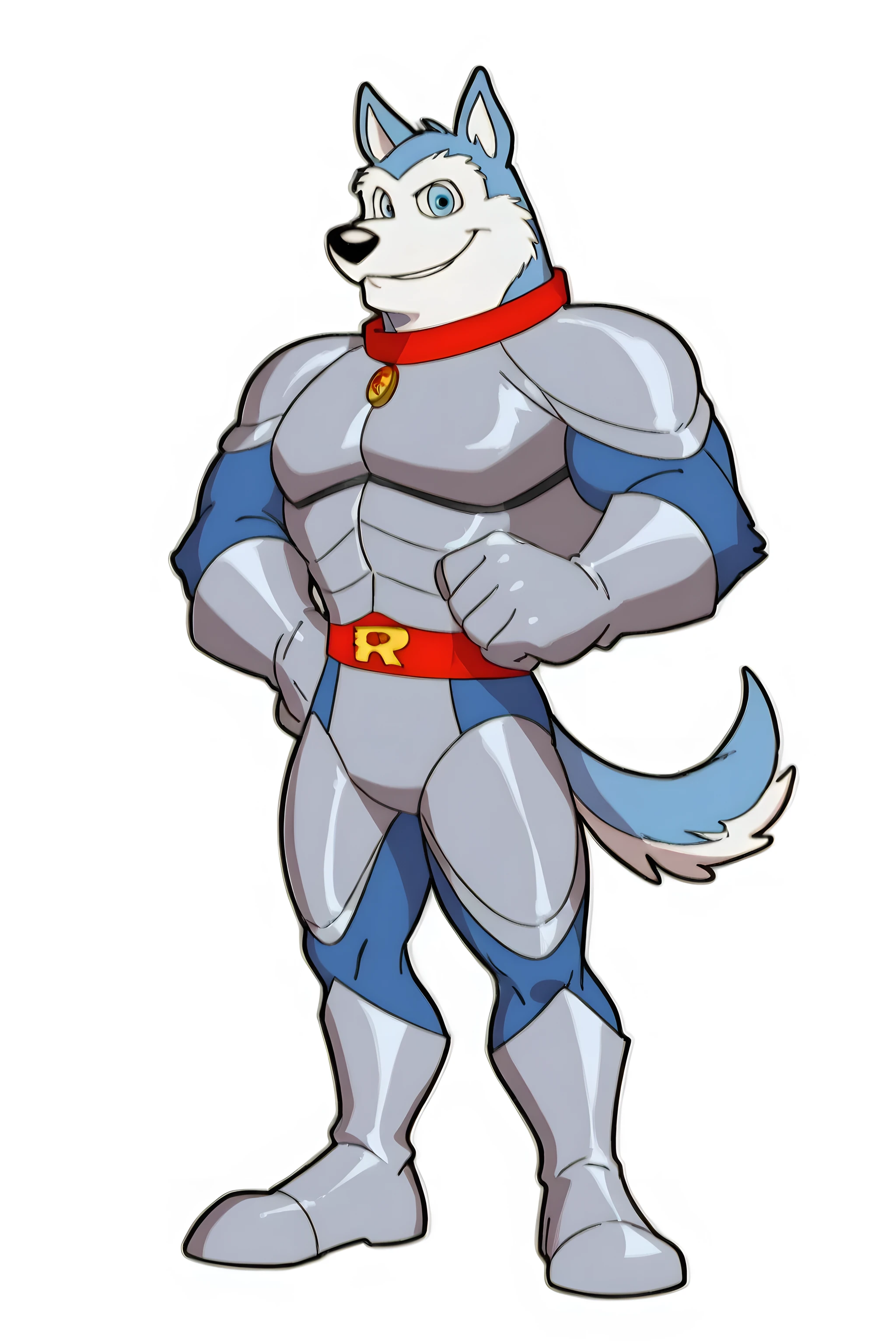 Exile (Road Rovers), blue fur, white fur, anthro dog, solo, male, full body, muscular, red collar, smile, high quality, best resolution, blue eyes, silver uniform, silver gloves, silver boots, red belt, white background, no background, standing, looking at viewer, 
