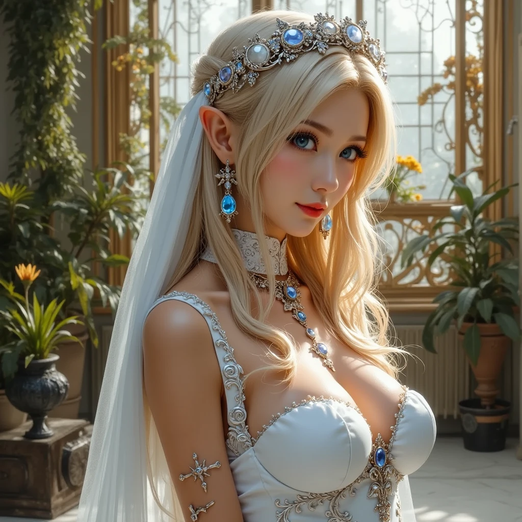 ((Best Quality, 8K, Masterpiece), (Blonde Princess: 1.1), White Queen, Smile,