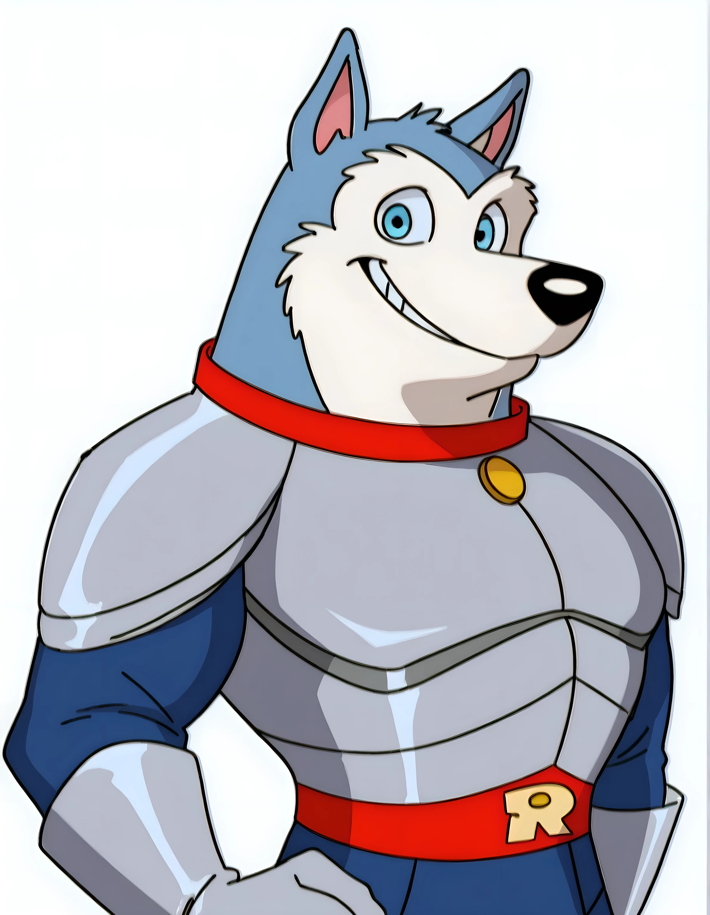 Exile (Road Rovers), blue fur, white fur, anthro dog, solo, male, half body, red collar, blue eyes, smile, high quality, best resolution, silver uniform, silver gloves, red belt, white background, no background, looking at viewer,
