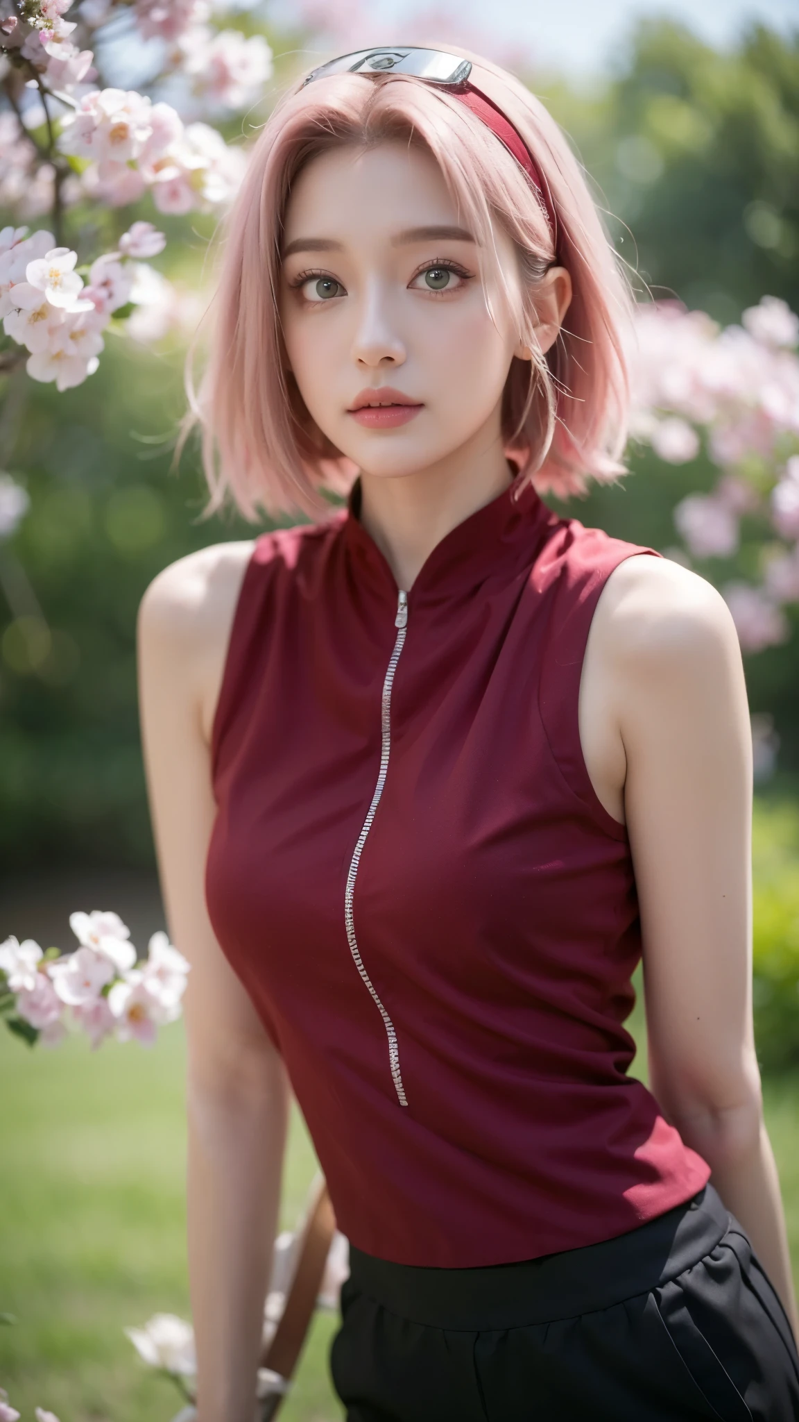 "A highly detailed, realistic portrait of a beautiful young woman inspired by Haruno Sakura from Naruto Shippuden, reimagined in the real world wearing a hijab. She has soft, natural pink hair subtly visible under a stylish, neatly wrapped hijab in a deep red or soft pastel color that complements her complexion. Her striking emerald green eyes shine with confidence and kindness, framed by delicate eyelashes and well-defined eyebrows. She has fair skin with a natural rosy glow. She wears a modern yet elegant outfit that blends her ninja background with modest fashion, such as a red tunic-style top with intricate patterns, paired with black gloves and comfortable dark pants. Her expression is warm yet strong, with a slight smile that reflects her inner strength and compassion. The background is softly blurred, featuring a peaceful outdoor setting with cherry blossoms or a modern cityscape, creating a serene and captivating atmosphere. Natural lighting enhances the textures of her clothing, hijab, and skin, making the image look lifelike and stunning."