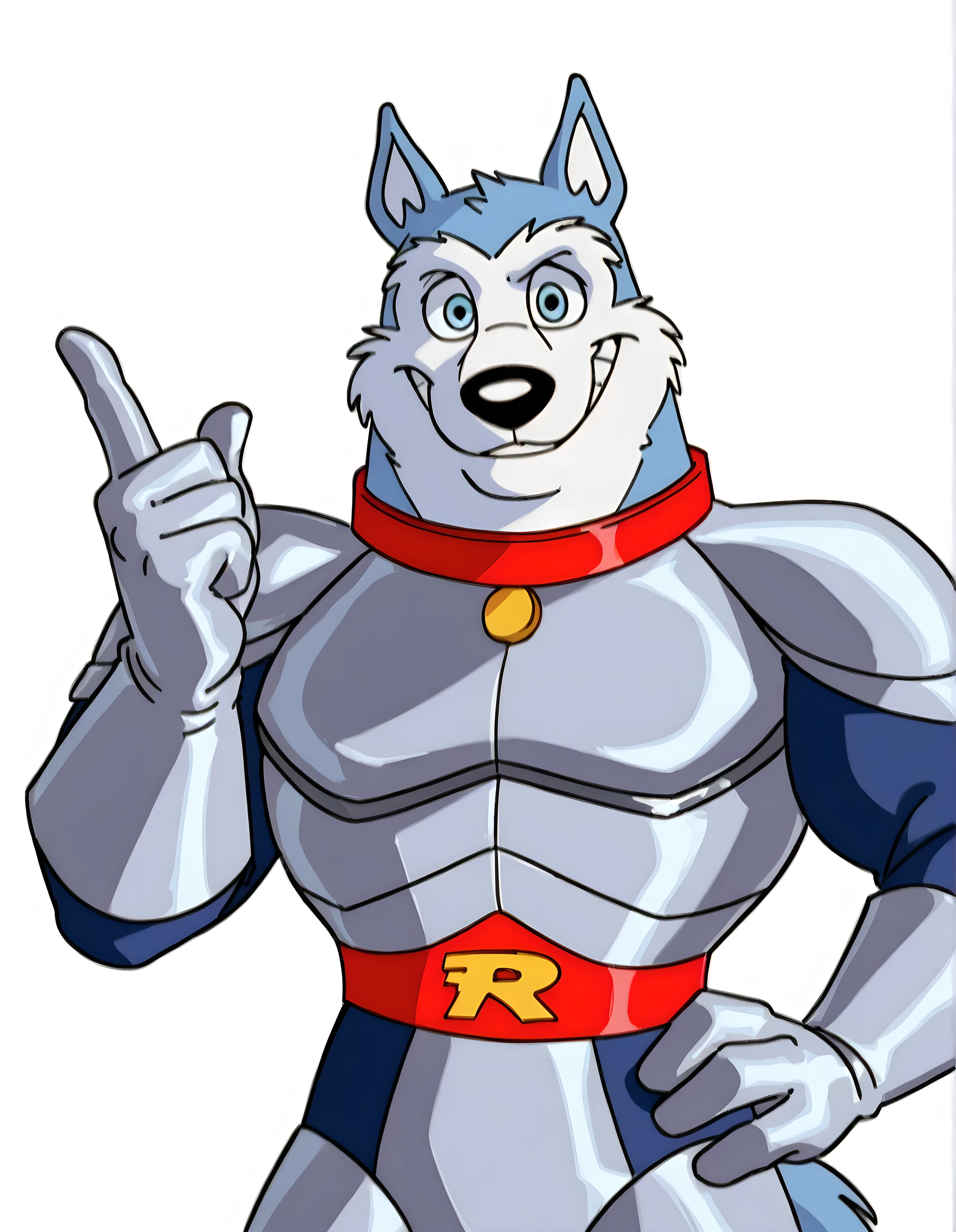 Exile (Road Rovers), blue fur, white fur, anthro dog, solo, male, half body, red collar, blue eyes, smile, high quality, best resolution, silver uniform, silver gloves, red belt, white background, no background, looking at viewer,