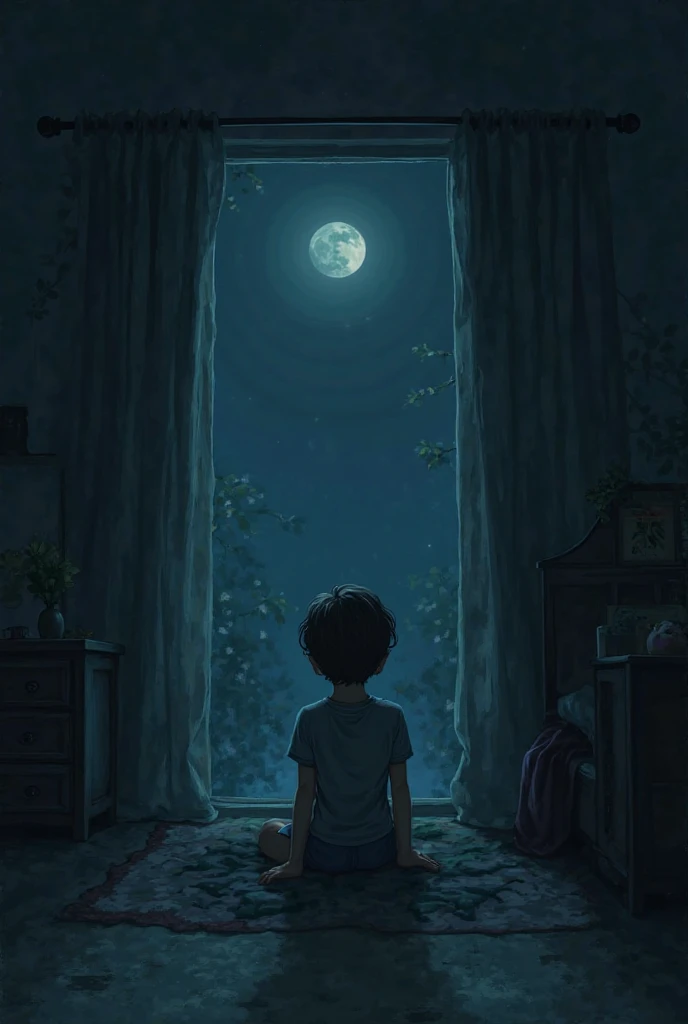 Create an image to draw in the Tim Burton style where a child is asleep and hears the window creaking. The moonlight filters through that window and reflects only a dusty mirror behind a bookcase in the mansion room.