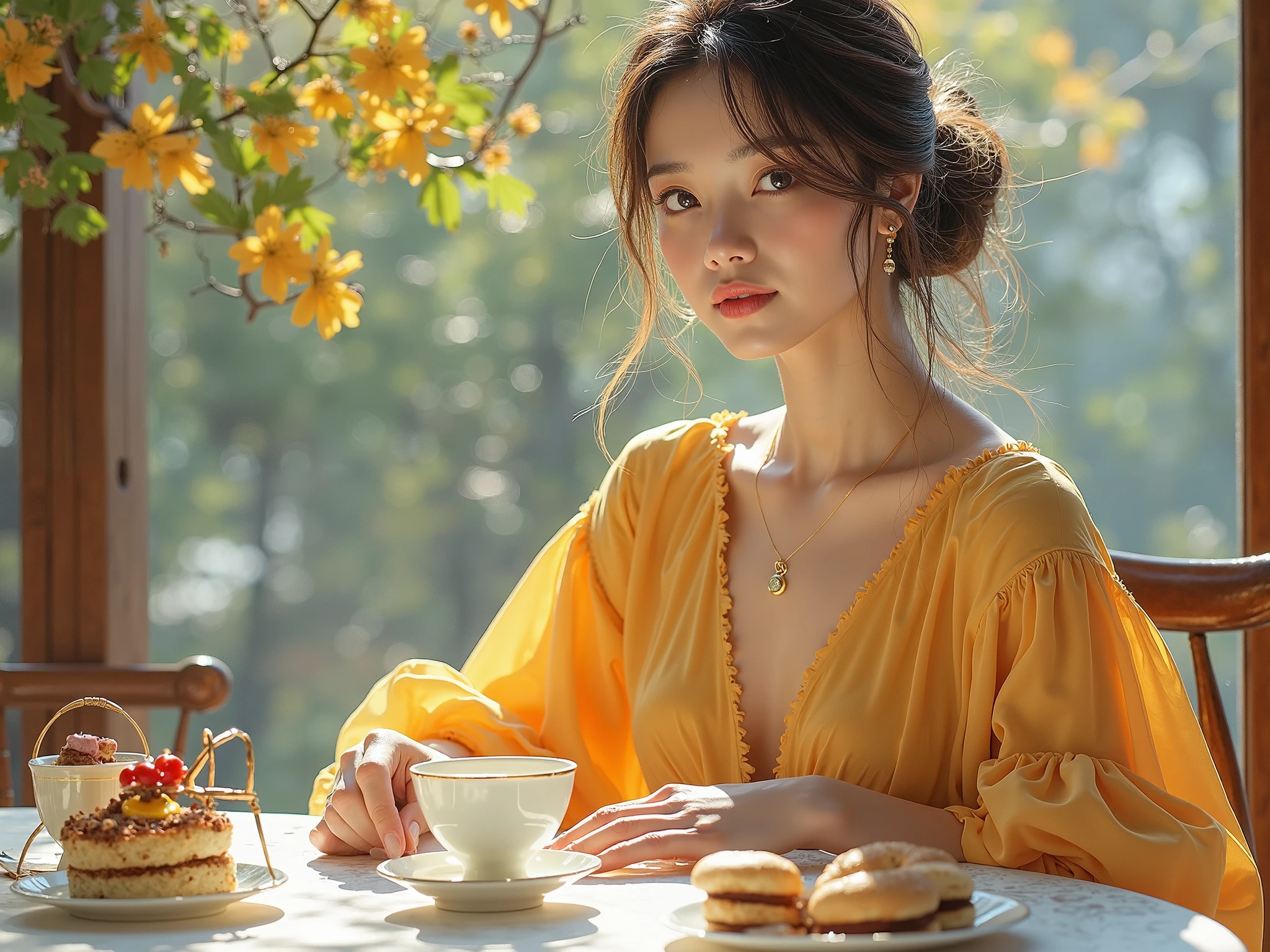 (8k, best qualityer, work of art:1,2), (realisitic, photo-realisitic:1,37), Maximum quality, work of art, a beautiful woman, WOMAN WEARING YELLOW GOWN AND DRINKING ESPRESSO FROM HER BEDSIDE