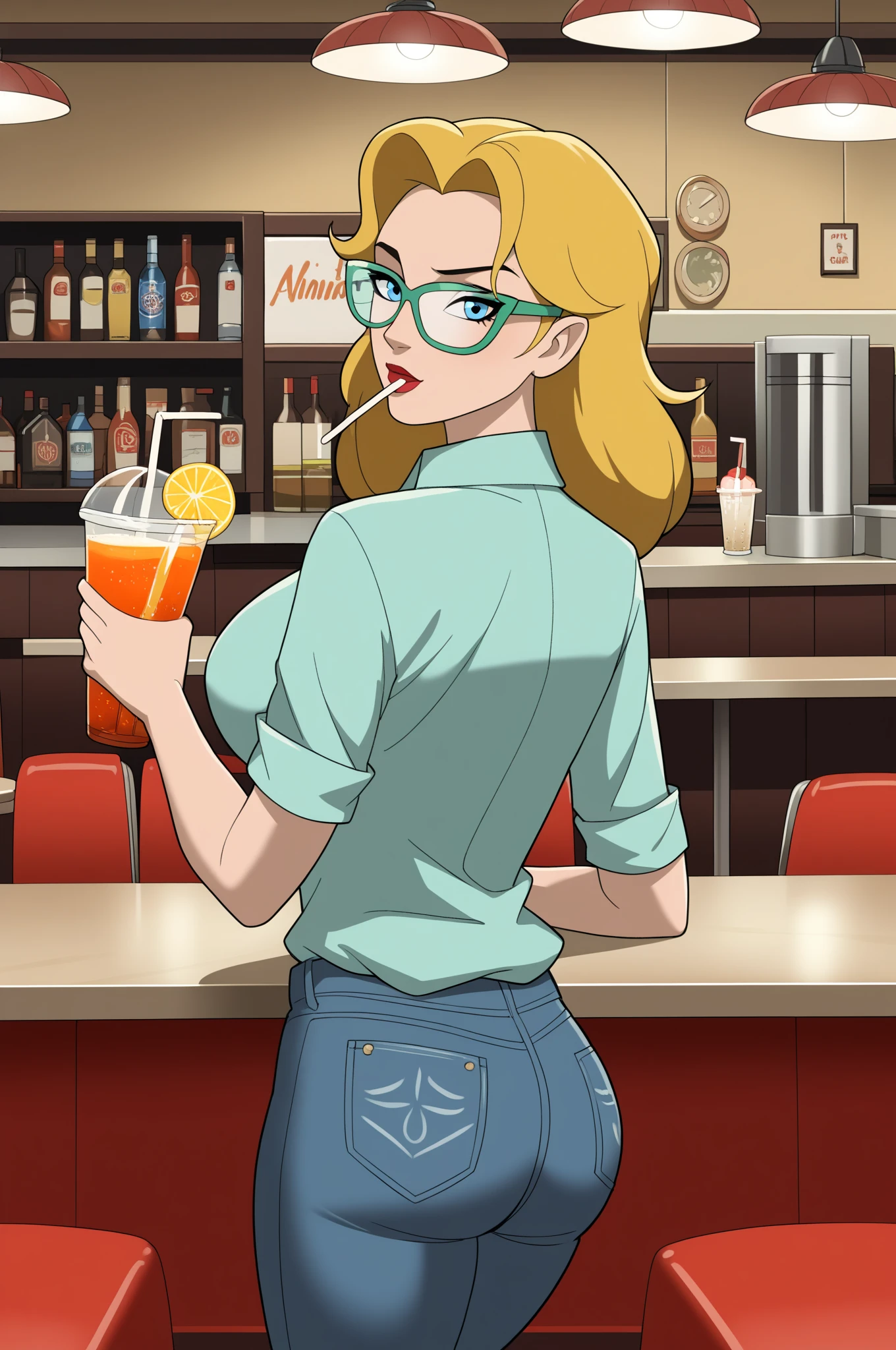 Best quality, 1girl, solo
((masterpiece, perfect, best work, detailed illustration, 2d))
white skin, blue eyes, blond hair,
<lora:Luanne-12:0.85> deep cleavage, off shoulder dress, sitting at bar, from behind, huge ass