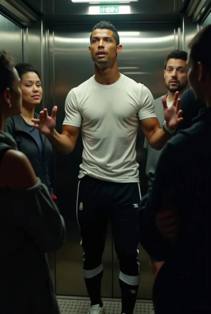 A bald muscular black man with a tall skinny young man with black hair imitating the scene from Titanic in a gym
