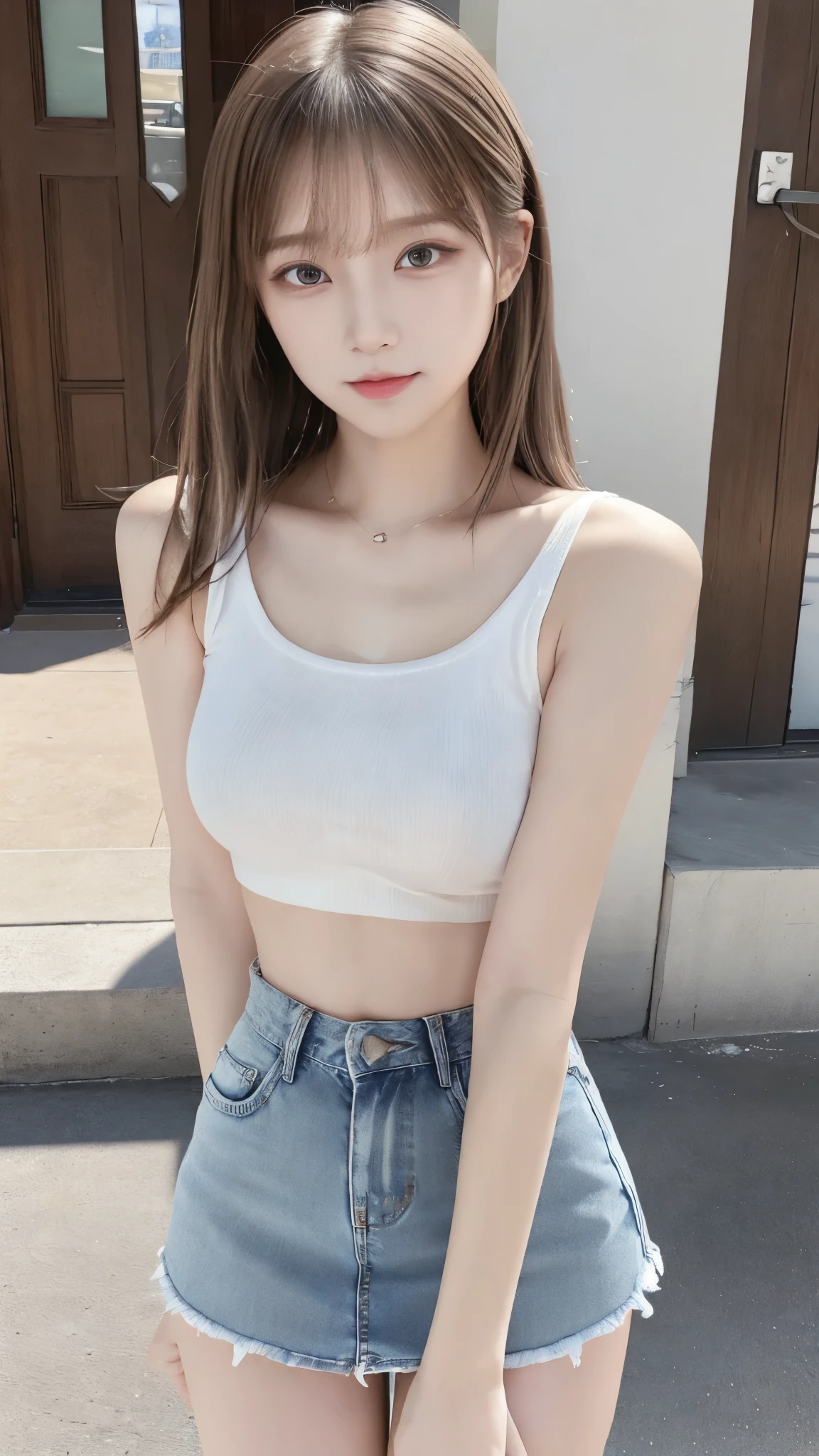 (((incoming kiss))), (denim mini skirt, white panties visible:1.2) , thin thighs being updated, Slender body line drawing delicate eyes and face, perfect anatomy, (detailed hands, perfect right hand), (( transcendental cute face、 idol face、 Face:1.2)), (detailed eyes and face:1.2, professional photography techniques), Top Quality、best image quality、greatest masterpiece、reality、Ultra High Definition