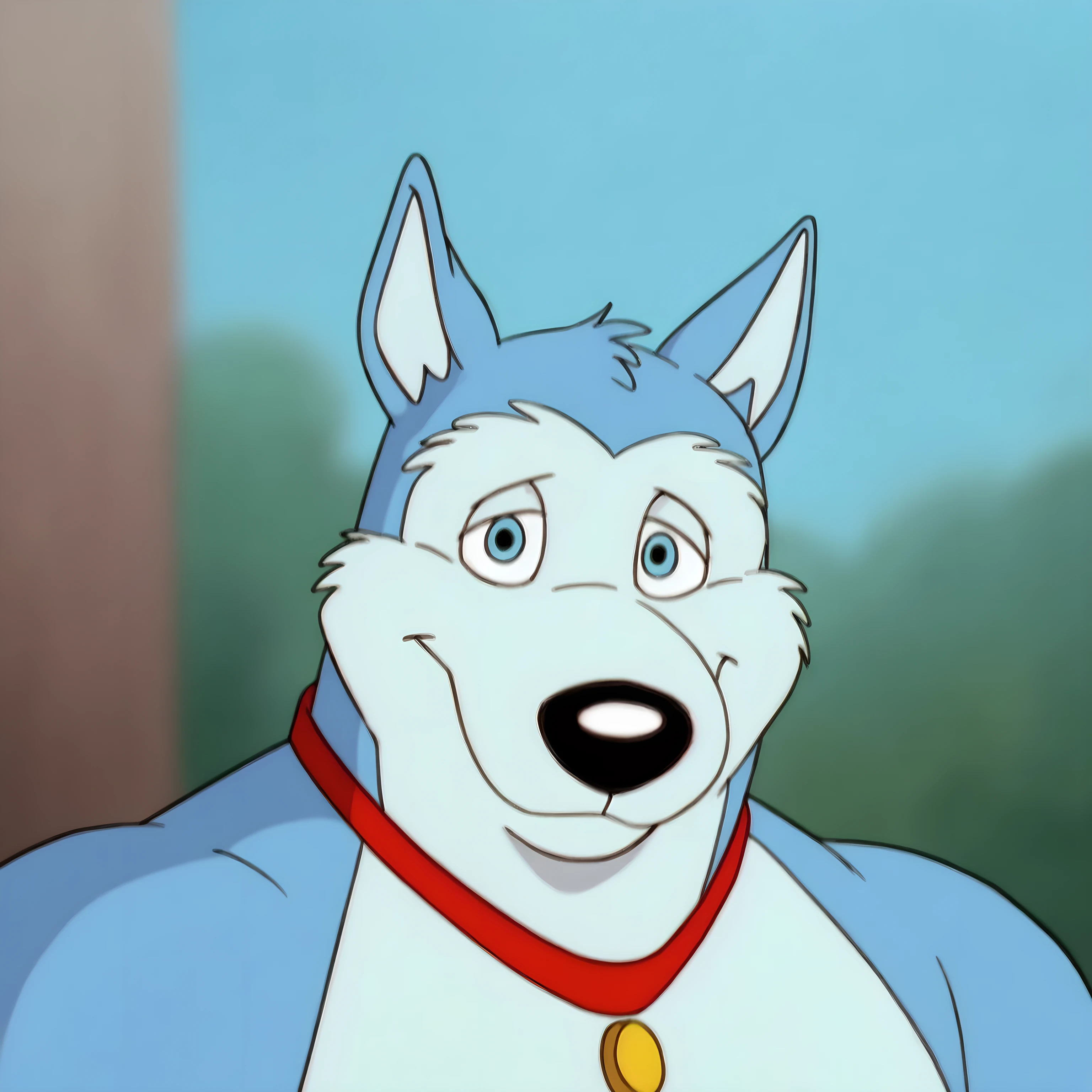 Exile (Road Rovers), blue fur, white fur, anthro dog, solo, headshot, front view, looking at viewer, sweet smile, red collar