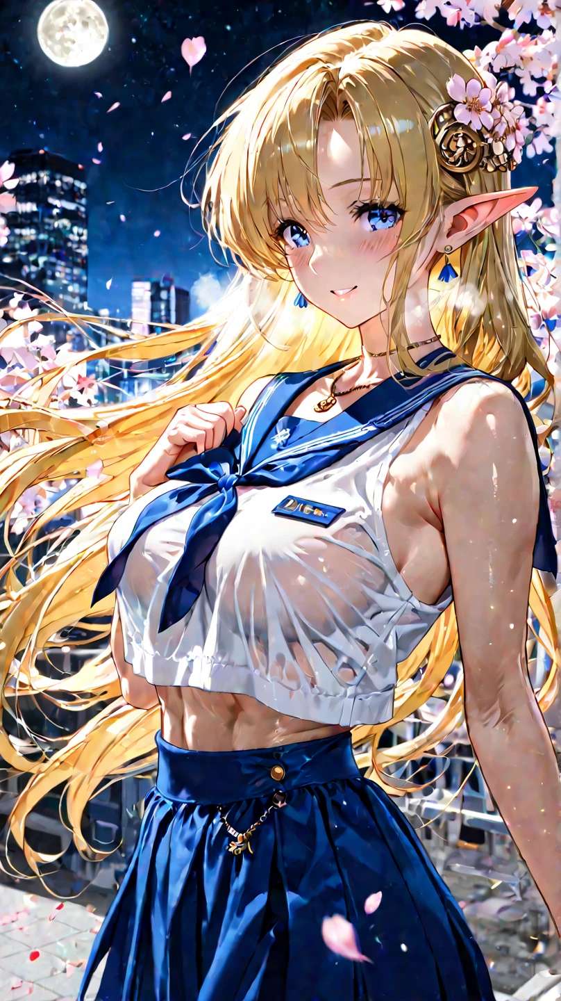 High quality, masterpiece, ultra-detailed, 1girl, white and pink sexy school uniform, very short skirt, cropped shirt, bra and panties visible, solo, peaceful expression, long blonde hair, enchanting blue eyes, fox ears, ridiculously large breasts, shiny skin, underboob, back view