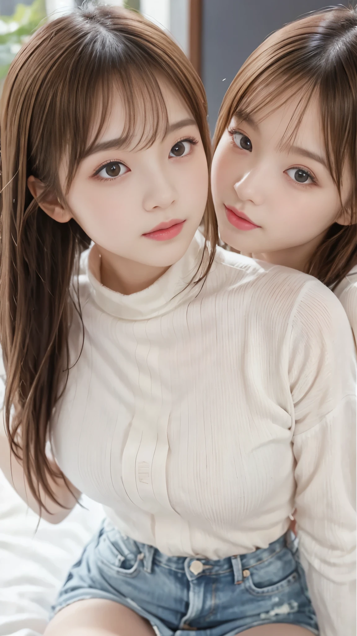 ((Two girls give a deep kiss)), (denim mini skirt,  white panties visible) , thin thighs being updated, (Slender body line drawing delicate eyes and face), (perfect anatomy:1.2), (detailed hands, perfect right hand), (( transcendental cute face、 idol face、)), (detailed eyes and face:1.2, professional photography techniques), Top Quality、best image quality、greatest masterpiece、reality、Ultra High Definition