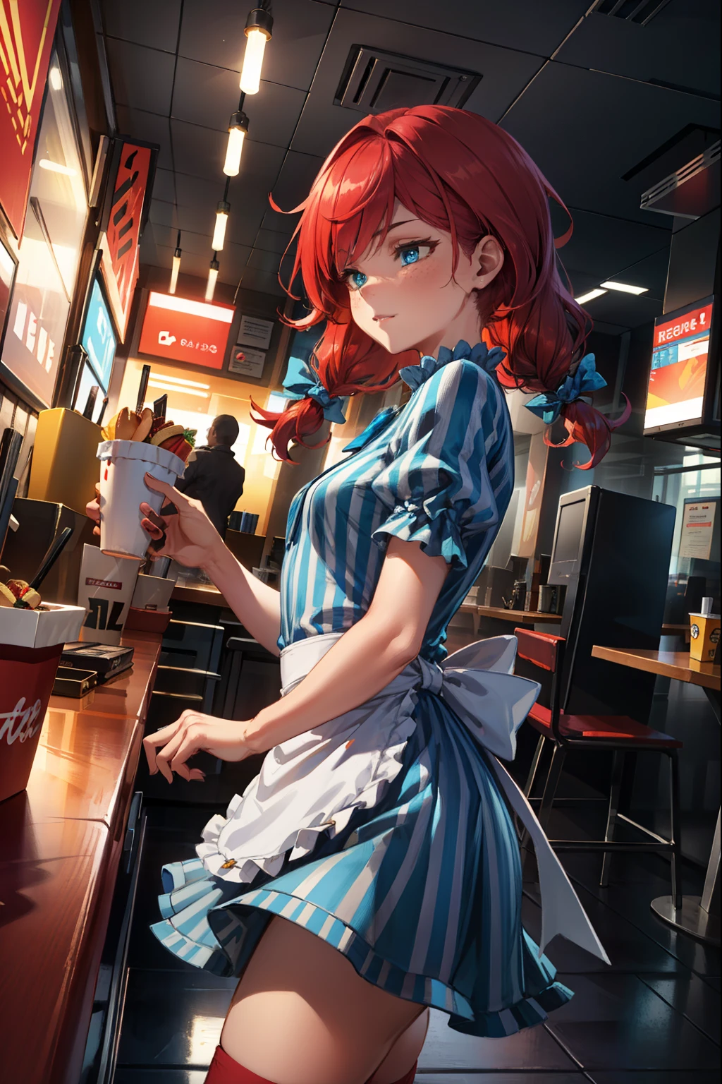 (extremely detailed CG unity 4k wallpaper),(best illustration),(best shadow),(absurdres), Fast food interior background)zzwendy, red hair, blue eyes, apron, brooch, hair bow, sidelocks, striped, petite figure, hips cocked, arms crossed, Small bust size, Sideshot, looking away,