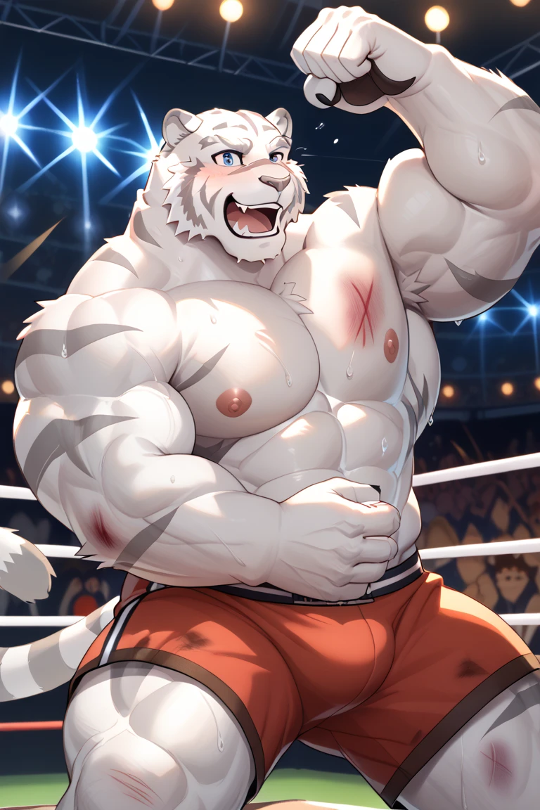 solo, 1boy, Huge White Muscular Polar Bear wearing glasses, huge white fur, pectoral, huge pectoral, wide pectoral, brown fur, huge white fur, short white hair, blue competitive briefs, shirtless topless, bearded white,
White Mustache, bodybuilding competition stage background, masterpiece, high detailed, 8k, high resolution, at the stage flexing whole body veiny. (Side chest bodybuilding pose). Winner, gold metal