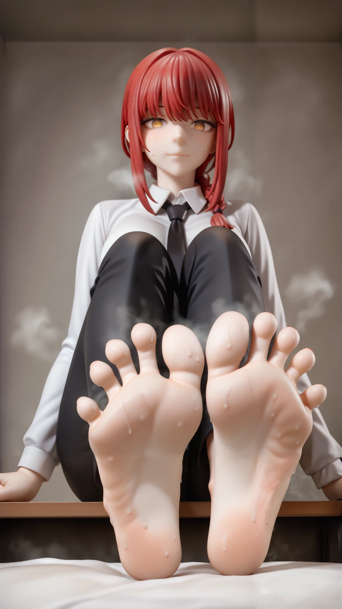 makima (chainsaw man), 1girl, feet, barefoot, foot focus, toes, solo, soles, necktie, yellow eyes, red hair, steaming body, sweat, pants, shirt, looking at viewer, smell, braid, ringed eyes, black necktie, black pants, white shirt, braided ponytail, breasts, foreshortening, collared shirt, simple background, sitting, spread toes, toenails, sidelocks, closed mouth, stinky feet, strong odor, sweaty soles, visible stink lines, exaggerated smell, wrinkled soles, dirty feet ,masterpiece,best quality,very aesthetic,highres,absurdres,sensitive,amazing quality,newest, scenery