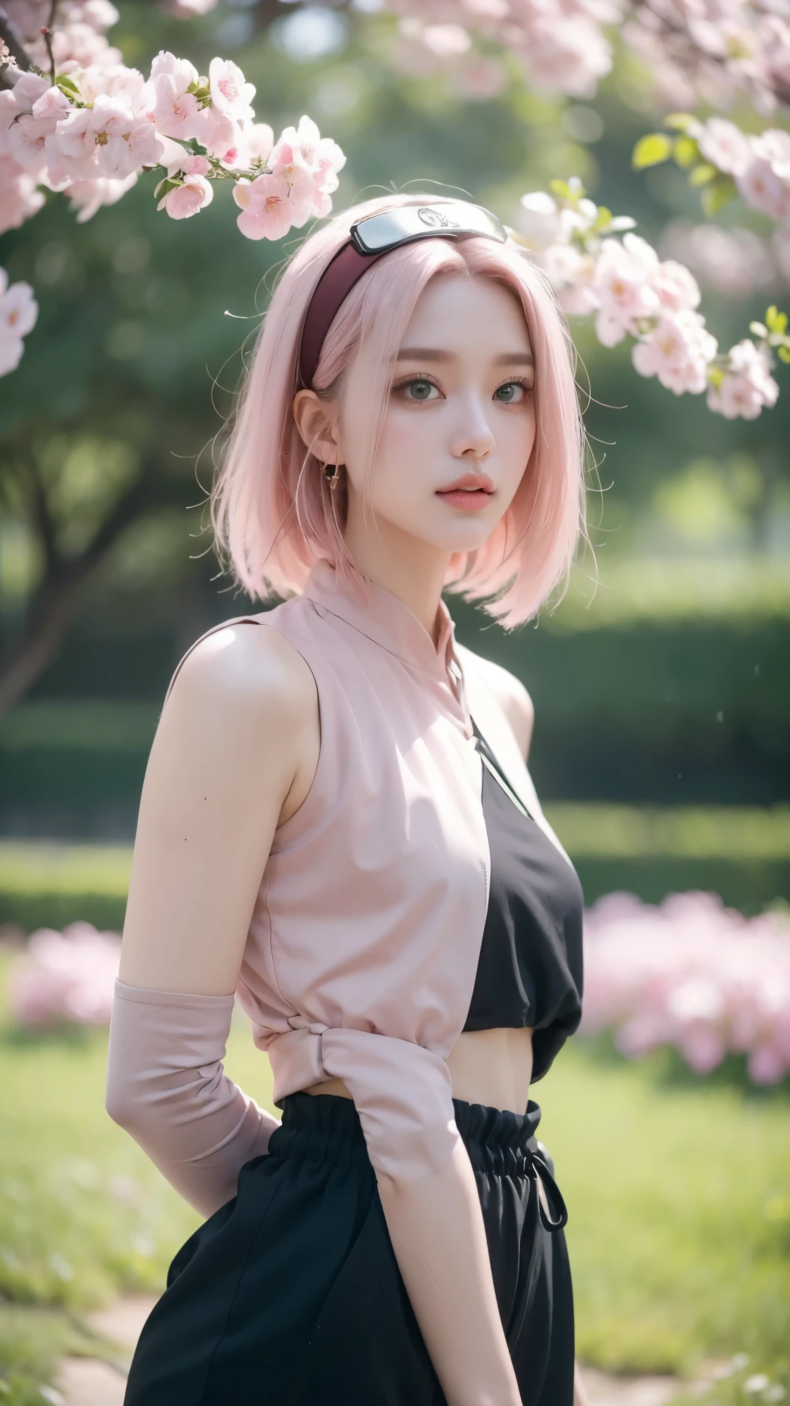 "A highly detailed, realistic portrait of a beautiful young woman inspired by Haruno Sakura from Naruto Shippuden, reimagined in the real world wearing a hijab. She has soft, natural pink hair subtly visible under a stylish, neatly wrapped hijab in a deep red or soft pastel color that complements her complexion. Her striking emerald green eyes shine with confidence and kindness, framed by delicate eyelashes and well-defined eyebrows. She has fair skin with a natural rosy glow. She wears a modern yet elegant outfit that blends her ninja background with modest fashion, such as a red tunic-style top with intricate patterns, paired with black gloves and comfortable dark pants. Her expression is warm yet strong, with a slight smile that reflects her inner strength and compassion. The background is softly blurred, featuring a peaceful outdoor setting with cherry blossoms or a modern cityscape, creating a serene and captivating atmosphere. Natural lighting enhances the textures of her clothing, hijab, and skin, making the image look lifelike and stunning."