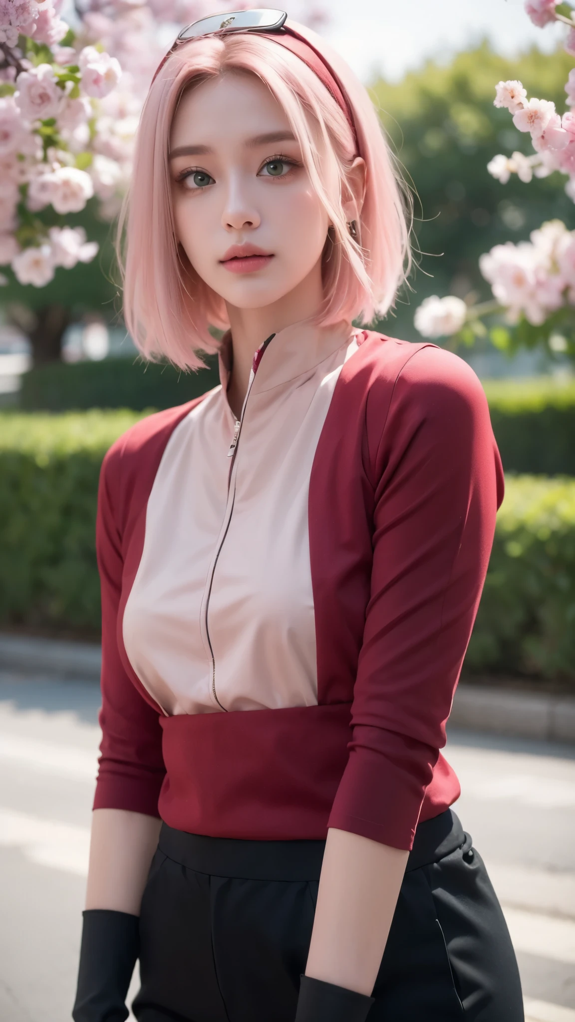 "A highly detailed, realistic portrait of a beautiful young woman inspired by Haruno Sakura from Naruto Shippuden, reimagined in the real world wearing a hijab. She has soft, natural pink hair subtly visible under a stylish, neatly wrapped hijab in a deep red or soft pastel color that complements her complexion. Her striking emerald green eyes shine with confidence and kindness, framed by delicate eyelashes and well-defined eyebrows. She has fair skin with a natural rosy glow. She wears a modern yet elegant outfit that blends her ninja background with modest fashion, such as a red tunic-style top with intricate patterns, paired with black gloves and comfortable dark pants. Her expression is warm yet strong, with a slight smile that reflects her inner strength and compassion. The background is softly blurred, featuring a peaceful outdoor setting with cherry blossoms or a modern cityscape, creating a serene and captivating atmosphere. Natural lighting enhances the textures of her clothing, hijab, and skin, making the image look lifelike and stunning."