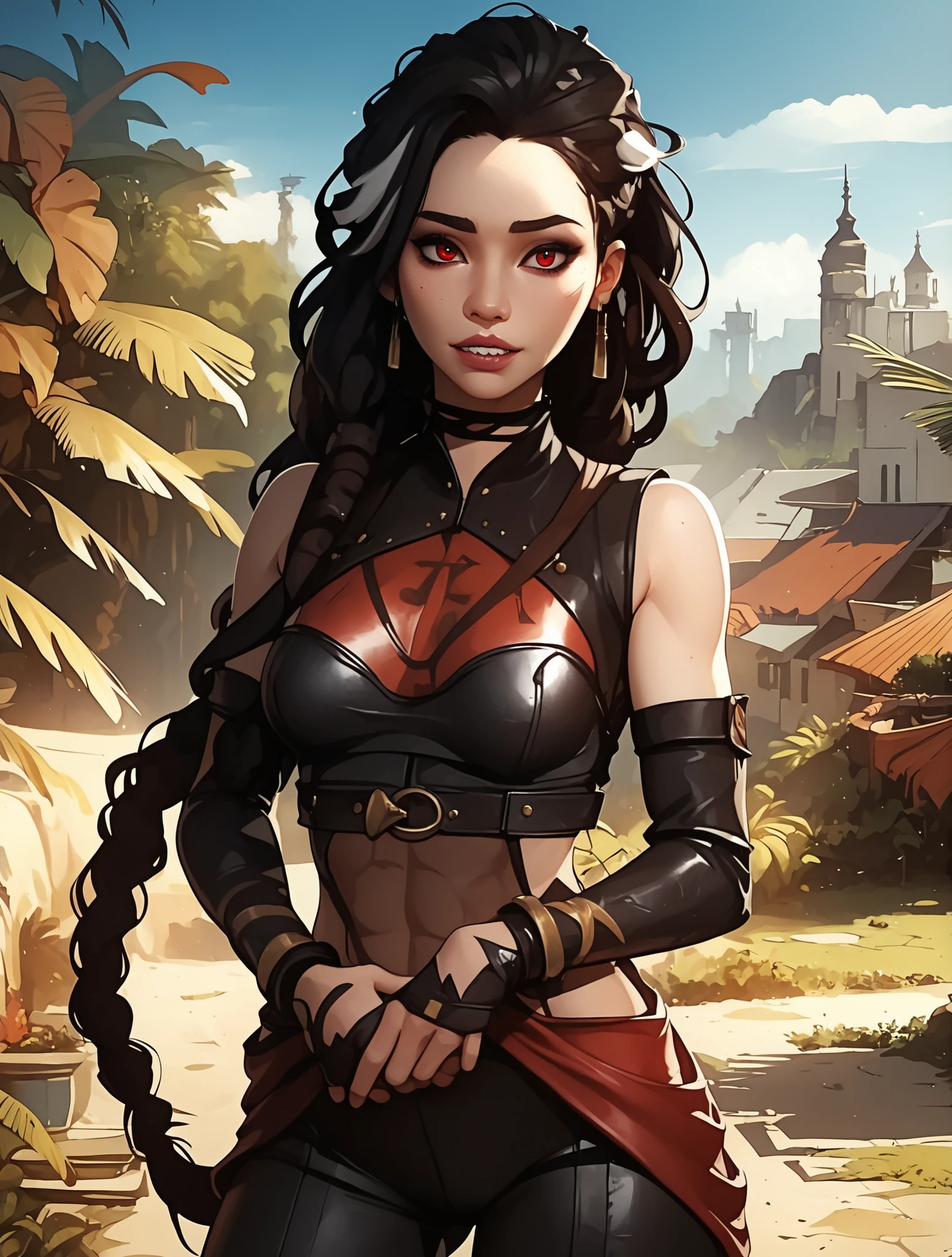 look like a young Jennifer Lawrence, Asian eyes, narrow nose, masterpiece, HD , great quality, very aesthetic, absurd, high contrast , high color palette , light glare ,Latest ,2.5D,volumetric lighting, Sweet, jung, 1 girl, aztekisch, small breasts, red eyes,athletic body, aztekisch, white hair strands, looks at the viewer, medieval leather clothing, Dreadlocks, shy, smiles, Anime shark teeth, background: Jungle and Aztec ruins
