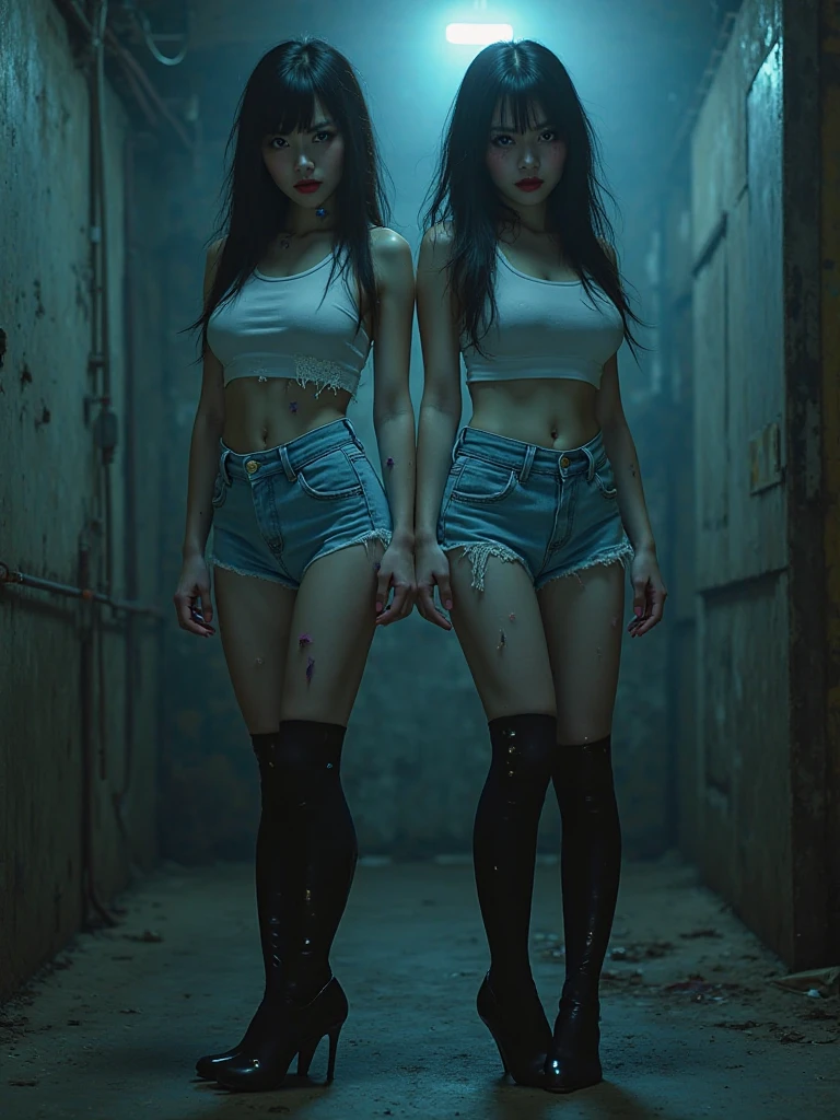 masterpiece, highest quality, realistic, High resolution, highest quality, cinematic lighting, Super detailedな, UHD, Accurate, anatomically correct, rough skin, Super detailed, advanced details, Awards, High resolution, 1080P, HD, 4K, 8K, 16k, strong contrast, anatomically correct , rough skin, NSFW, chained two girls together, hug, sitting on the floor, white chemise with translucent lace, (((Torn and dirty clothes, Bandaged, chian lead))), very dark and dirty basement.