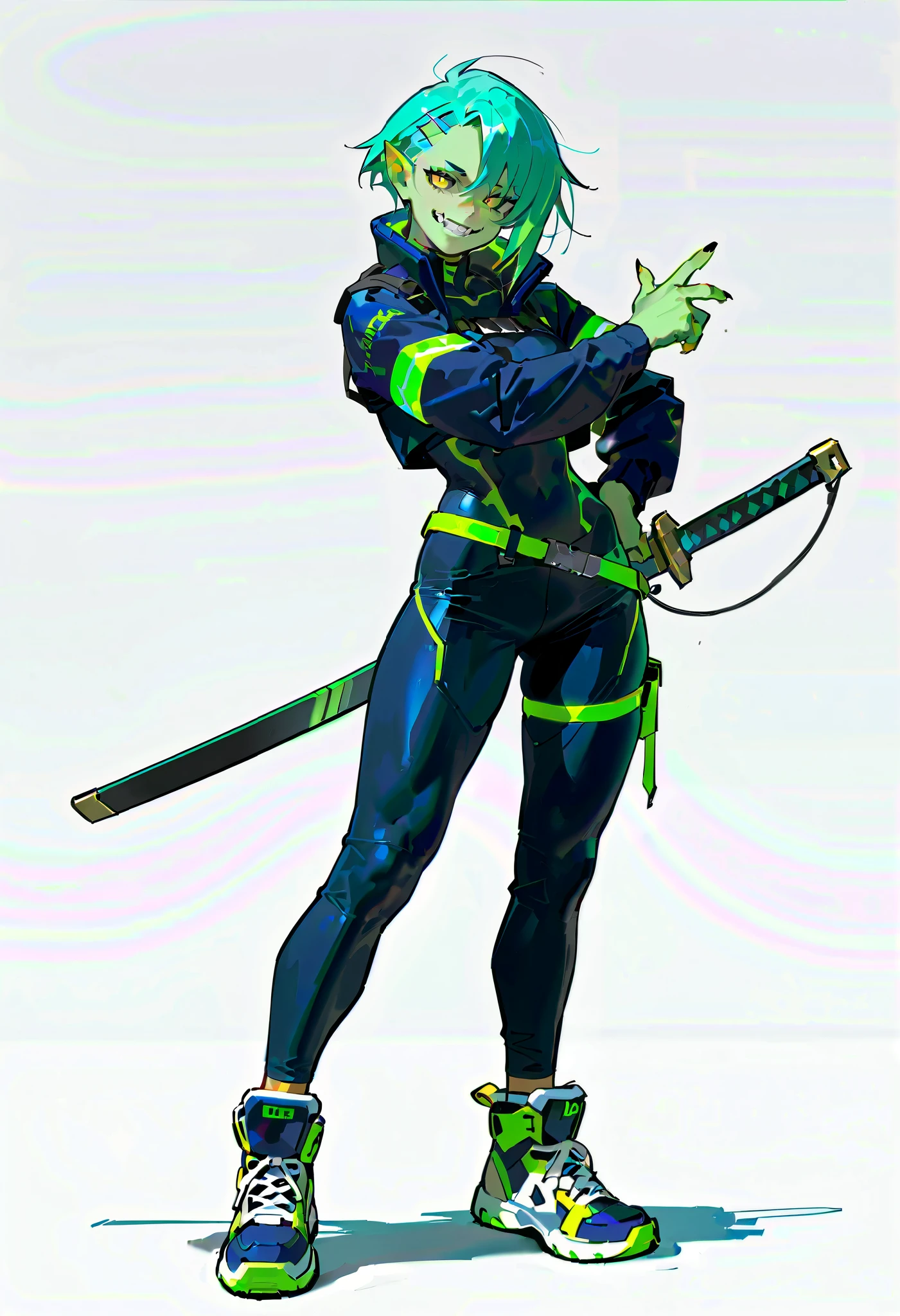 (((masterpiece))), (((Best Quality))), ((Ultra-detailed)), (High Definition anime Illustration), ((extremely delicate and beautiful)),((1 orc girl)),solo, Full body, night blue hair and yellow eyes,((Cyberpunk suit))((holds a sword in a scabbard)),(pale green skin)(pointed long ear)(smiling JAGGED-TEETH),(Muscular but feminine body shape),(wears high tech sneakers)(Character Focus),highly detailed, Colorful, highest details, Cyberpunk orc lady, Beautiful and terrifying, Digital Painting, 8K High Resolution, trend art station, Whole body, full body standing, front viewer, (((white background)))