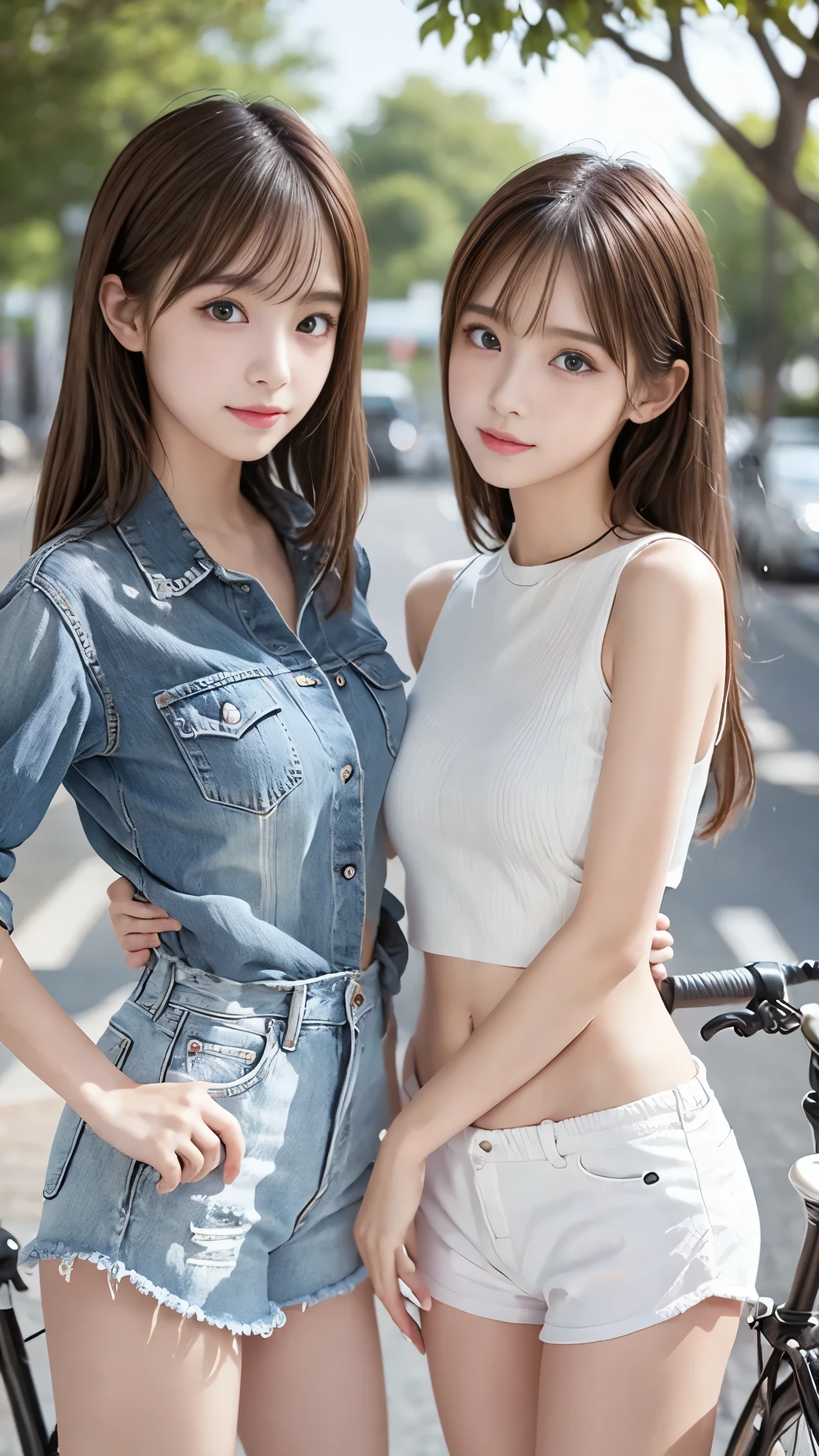 Two girls kiss while riding bikes, denim mini skirt, (white panties) , thin thighs being updated, Slender body line drawing delicate eyes and face, perfect anatomy, (detailed hands, perfect right hand), (( transcendental cute face、 idol face、)), (detailed eyes and face:1.2, professional photography techniques), Top Quality、best image quality、greatest masterpiece、reality、Ultra High Definition