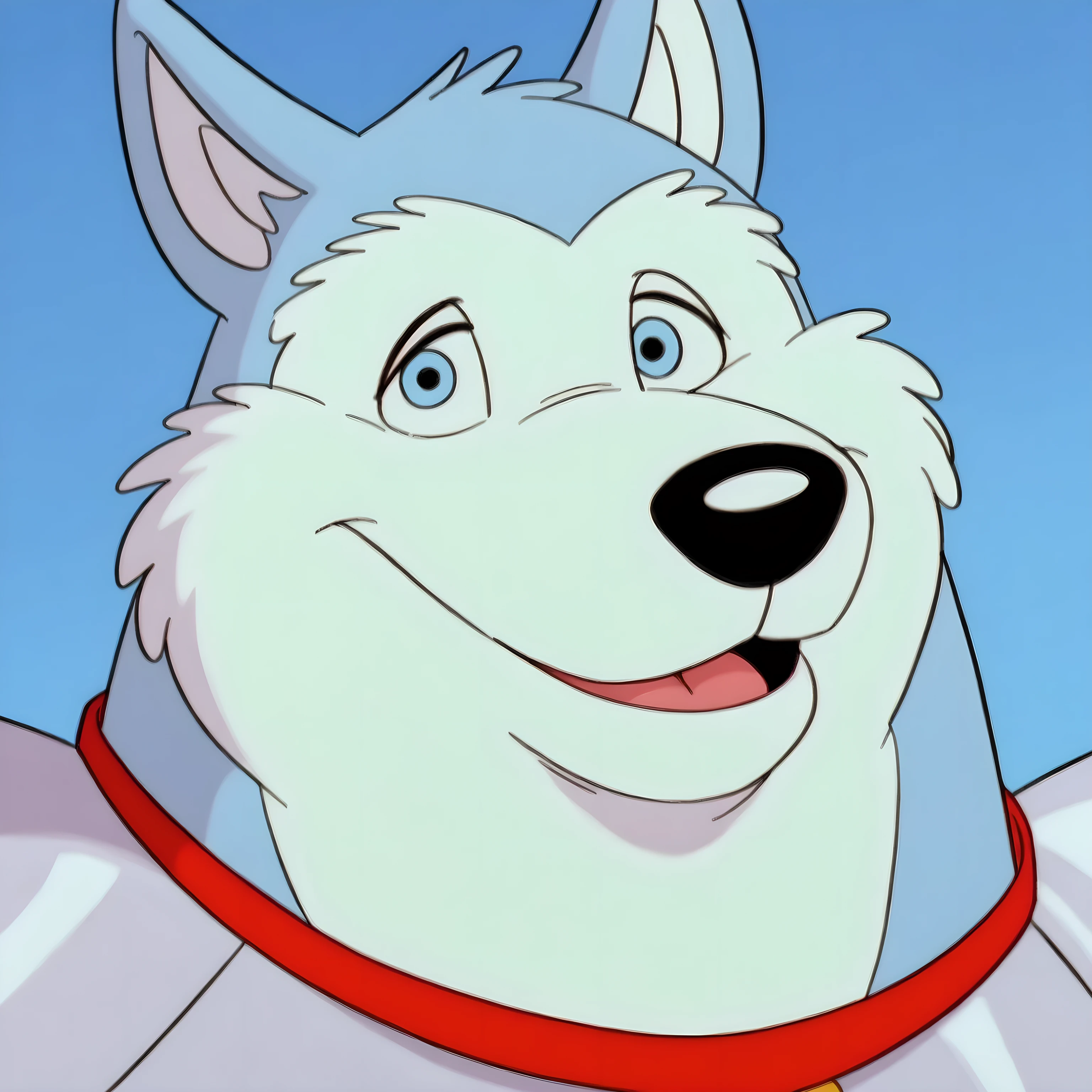 Exile (Road Rovers), blue fur, white fur, anthro dog, solo, silver uniform, male, headshot, front view, looking at viewer, sweet smile, red collar