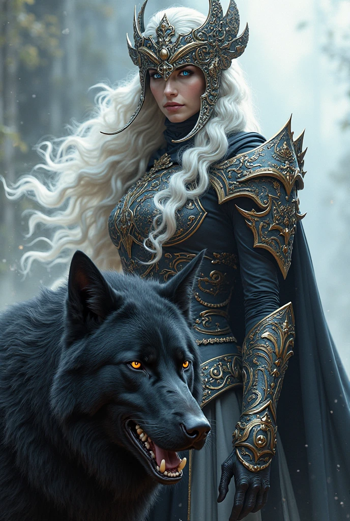 A warrior queen wearing an elaborate helmet with long wavy white hair ...