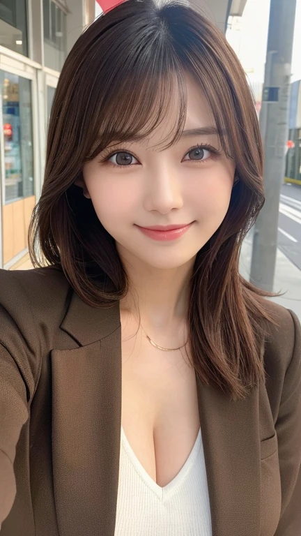 Selfie、Jacket、Wear warm clothes、Standing、night、Alley、Very short hair、Berry Shortcut、Highest quality, figure, Super detailed, In detail, High resolution, 8k wallpaper, Perfect dynamic composition, Beautiful attention to detail, dress,Medium Hair, Small breasts、Natural color lip, Random sexy poses,smile,24-years-old