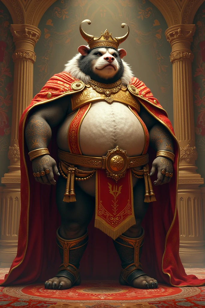 (cute, fat, obese, anthro, male, bull), sitting in throne naked, red vest, white briefs, medieval crown, jewelry, luxurious red cloak, golden rings, (low-angle view), at throne room, highly detailed, intricate details, best quality, masterpiece, sunshine, light rays, detailxl, zPDXL2