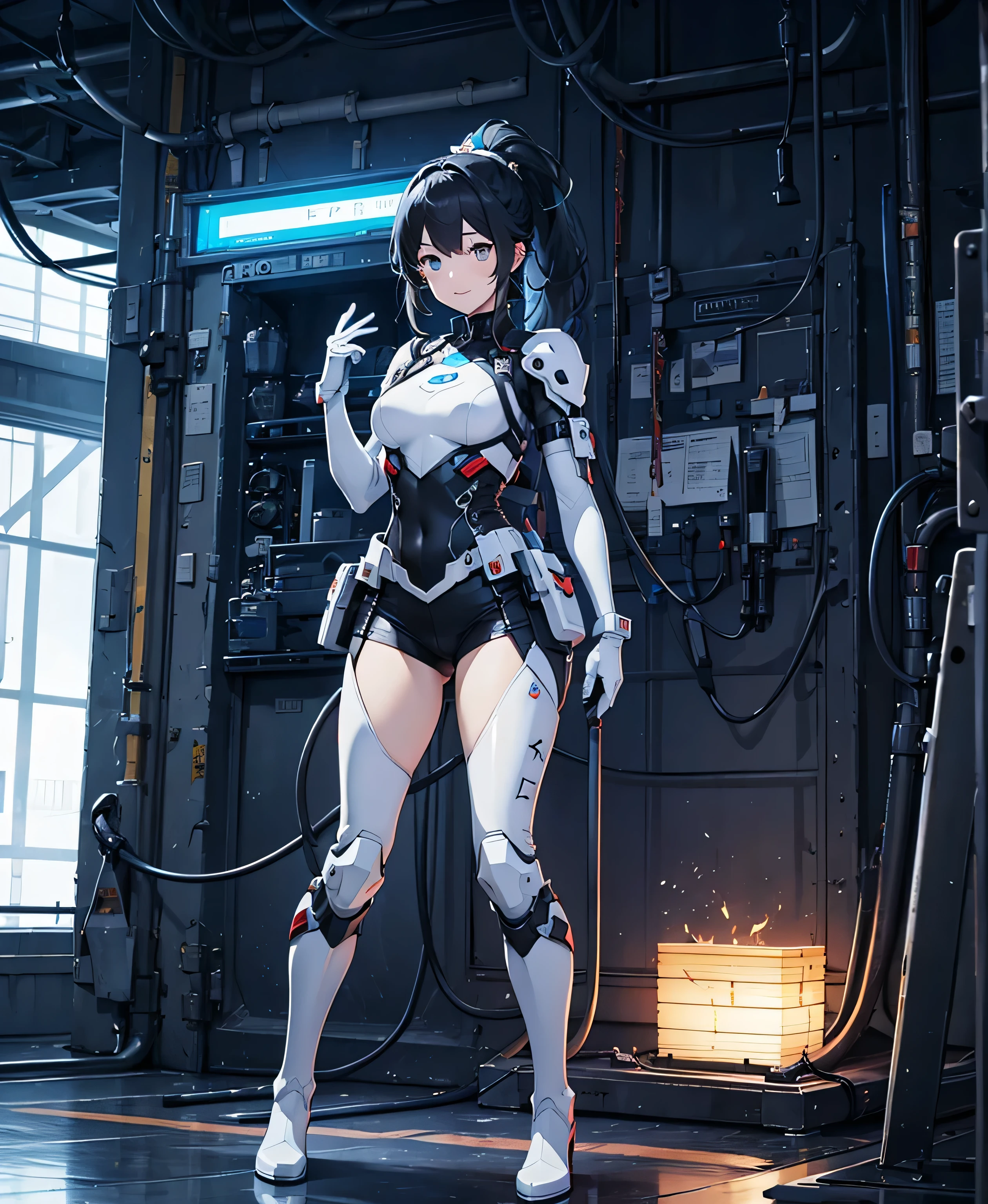 moderate bust、 Friendly Smiles、 Detailed facial expression 、ruanyi0152 、( white black:1.5)、 ruanyi0238 、 blue glowing parts 、cable、Complex and precise instruments、Machinery Parts、 high ponytail、full body、 top quality、 masterpiece、 nothing 、 dynamic pose、 Model stand、 Official Art、 very elaborate CG Unity 8k wallpaper 、Carrying a large flying unit、 long hard boots 、exoskeleton、 gloves up to the elbow