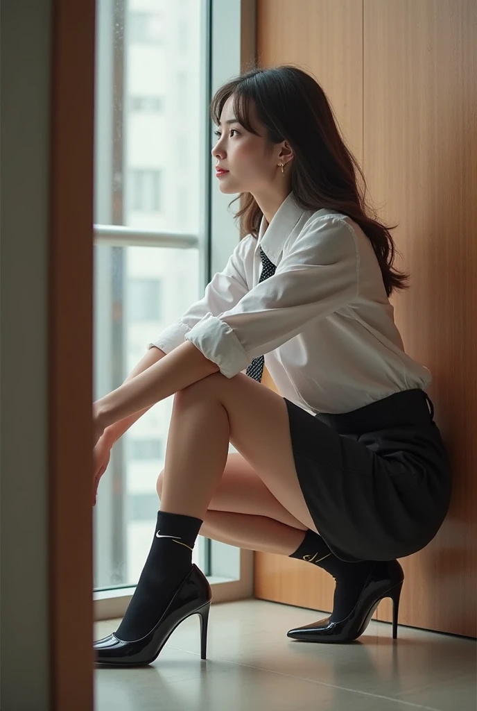 Best quality, full body portrait, delicate face, pretty face, 16 year old woman, dirty blonde hair, slim figure, large bust, OL uniform, office clothes, tan stockings, no shoes, high rise office scene, huge windows, lots of natural light, sitting position on table, legs raised, legs spread apart