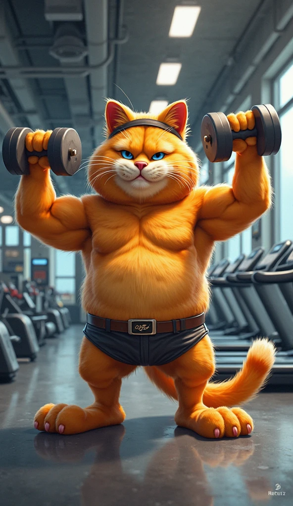 Years later in the 'Meow Gym,' the small kitten has grown into a powerful and impressive bodybuilder. Now a muscular, confident young cat, he proudly lifts heavy weights, showcasing his hard-earned strength. His physique is toned and well-defined, and he wears a proud smile as he exercises. The gym is filled with supportive friends, including his father, who watches with pride, and the once-victorious dog bodybuilder, who offers a respectful nod. The atmosphere is celebratory, capturing the culmination of the kitten's dedication and hard work. The scene radiates a sense of accomplishment and the joy of reaching one’s goals