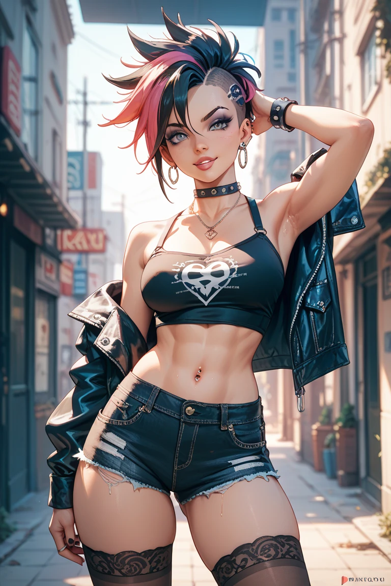 (featuring.tmasterpiece, Best quality:1.2), Cowboy shot, unique, one girl, Ruby rose, Looking at the scenes, Sports top, Short concave shorts, Sweet, Erotica, wide thighs, Flushed, the night, Urban landscape, street, featuring.sexpose, Situations, last, tattoo, Improves
