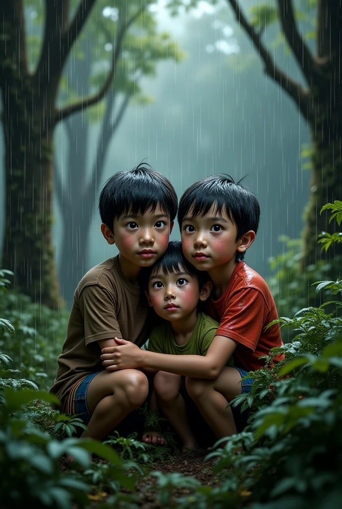 Two foodless, Hungry poor child are sheltering in the flood water on the slope of a broken tree