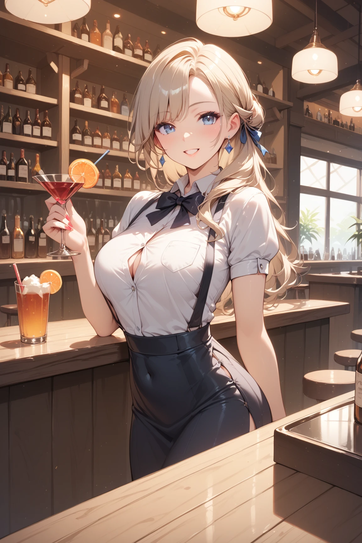1girl,masterpiece, best quality, highres,((lucy heartfilia)), blonde hair, long hair, large breasts,belt, , <lora:lucy_heartfilia_v11:0.8>,looking at viewer, indoors,smile, (orange eyes),upper body,
from front, (serving), candid photography, leg spread, (bar tender), WhiteRealStockings, (white stockings:1.2), white thighhighs,(bar tender mini dress:1.15),(white high heels stiletto:1.15),head waitress ornament,
(tavern), realistic photo, intricate details, (cinematic look), masterpiece, sharp focus, attractive, detailed eyes, detailed lips, goosebumps, detailed skin, dynamic angle, wind, by sports illustrated, illustration of a anime girl imagination, art brut, polychromatic neon, phantasmagoria, vray, polychromatic noir, hyperrealistic photo by Seebas Apterus and Larry Bell art, blending, smooth, serious, detailed expressions, artstyle, detailed eyes, HDR, UHD, 64k, RTX, sharp, sharp focus, highly detailed, intricate detail, professional, artistic flow, ultra detailed, high resolution photography, (bright colors)