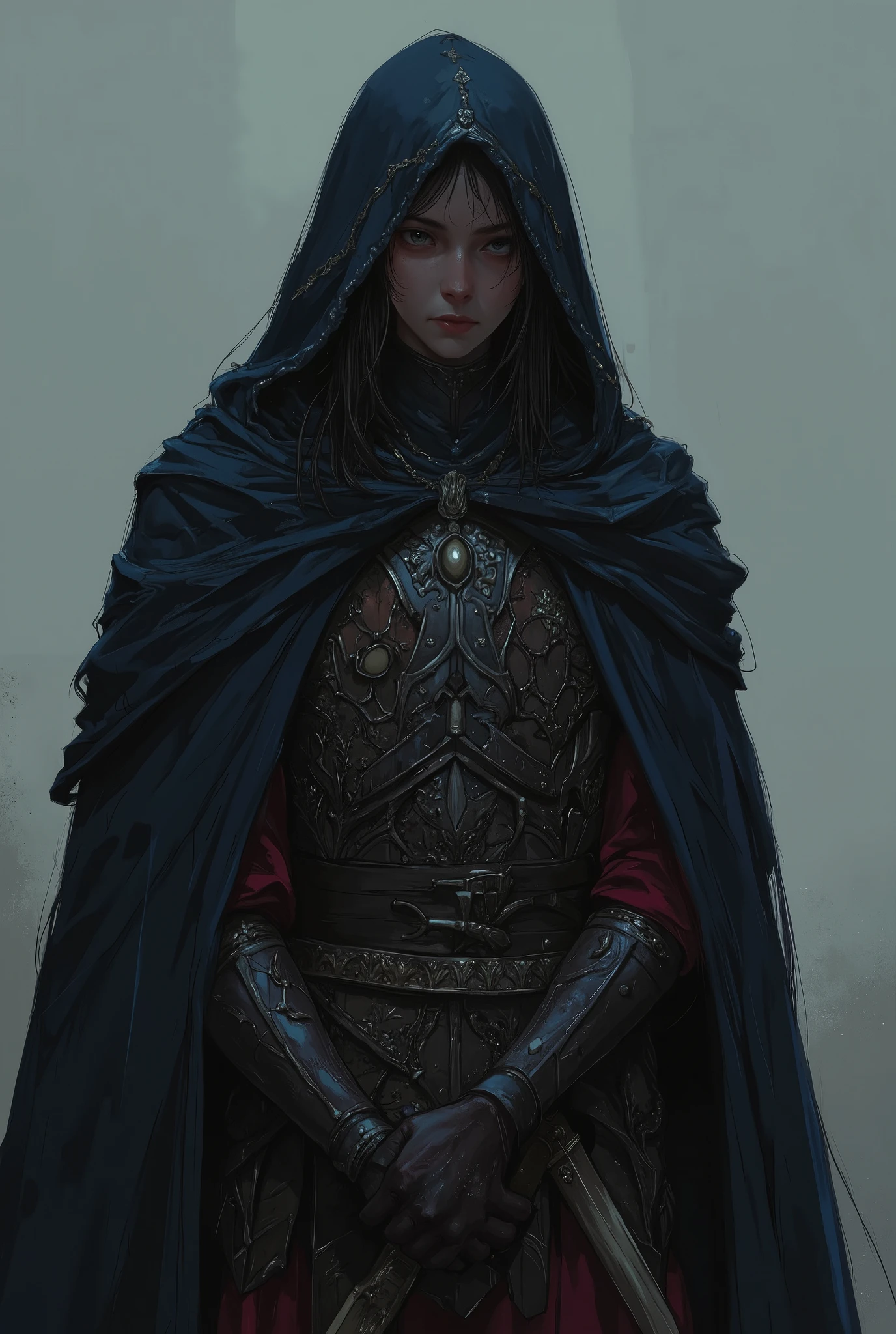( photorealism:1.2), Karna looks away , his face is covered in inner turmoil . his hands are holding the bow tightly , I can see conflict in his eyes as if he has a sense of duty . the conflict is visible to his eyes , the man torn between his loyalty and the truth he has avoided . scene is his deep , The quiet fight , behind him , empty and desolate . wearing jet black wizards robe with shoulders amour. wear pointy wizard hat. old roses pink turttle neck shirt inside robe