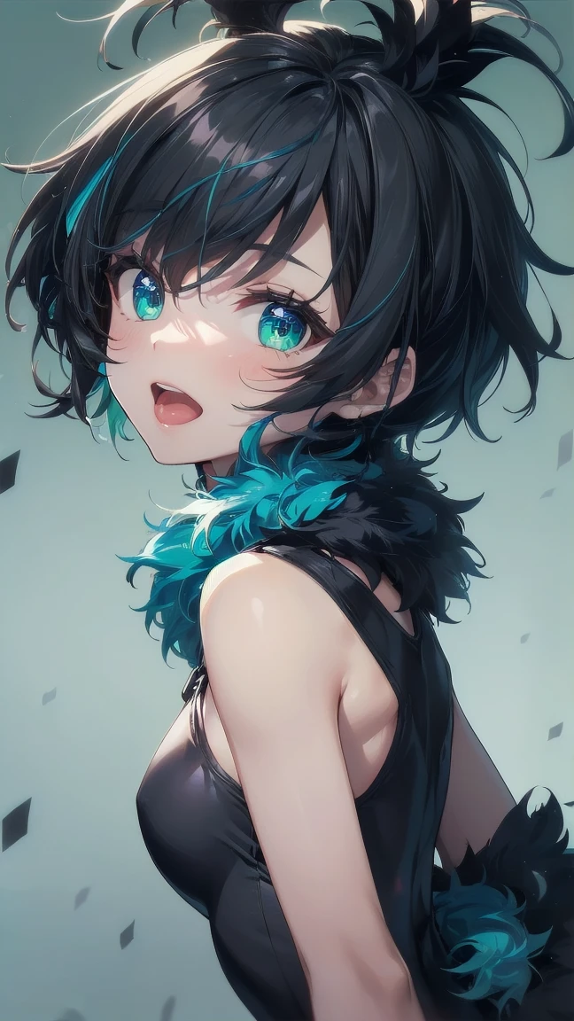 Close-up of a cartoon girl with blue hair and a yellow shirt, 2D Animation, 2D Animation style, 2D Art, 2D Art, 2D from Gorillaz, 2D from Gorillaz, 2D Gorillaz, Screaming Cerket, 2D Sprites, Jinx Face, short hair, Small breasts, hot pants, ((Black Hair, Bright blue fur inside:1.4))
