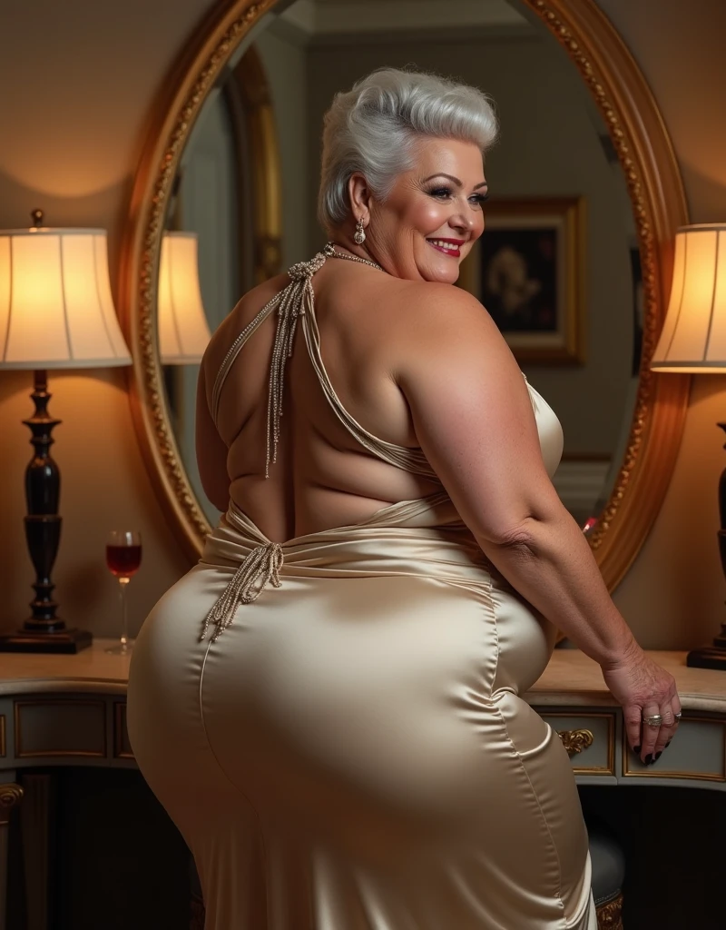 (zoom in), (masterpiece), 4k artwork, (hyper realist), Beautiful elderly woman, 65 years old, grandmother, Female teacher, with an incredible body wearing a white swimsuit with a gold garter belt on the thighs with bronze and gold details, with her back to the camera showing a huge ass, Very slender waist, wide hip, linda grandmother, beautiful old woman, night and urban scenery with bokeh and flares on camera
