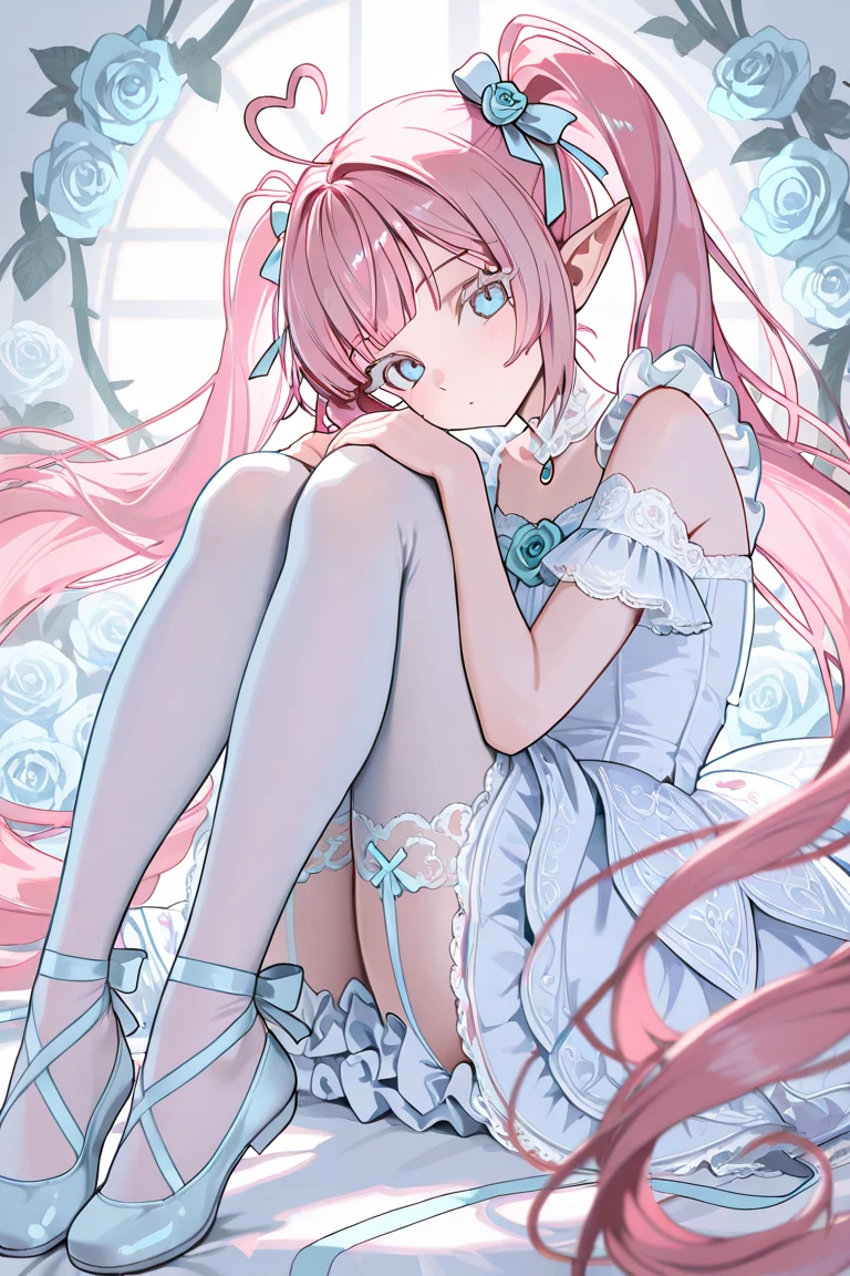 masterpiece, best quality, ultra-detailed, illustration,(1girl),beautiful detailed eyes, looking at viewer, close up, (breast focus), pink hair, shy, cat ears, white and pink dress, stockings, garters, blue eyes, thighs