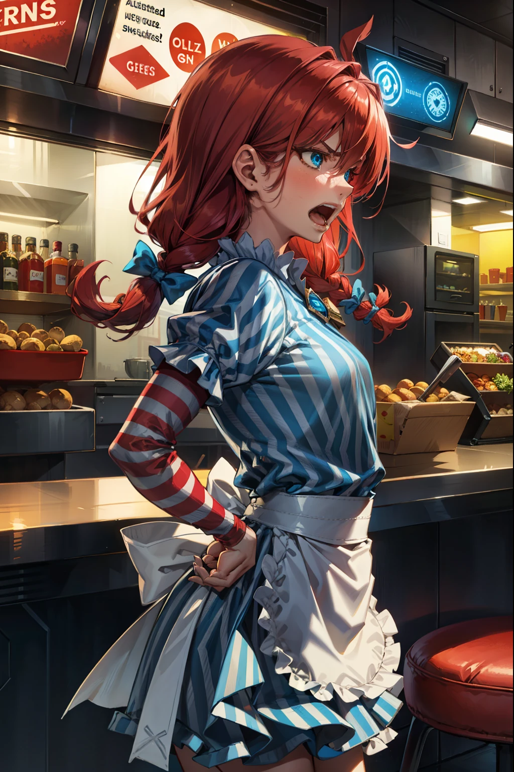 zzwendy, red hair, blue eyes, Extremely angry, Furious, shouting, open mouth