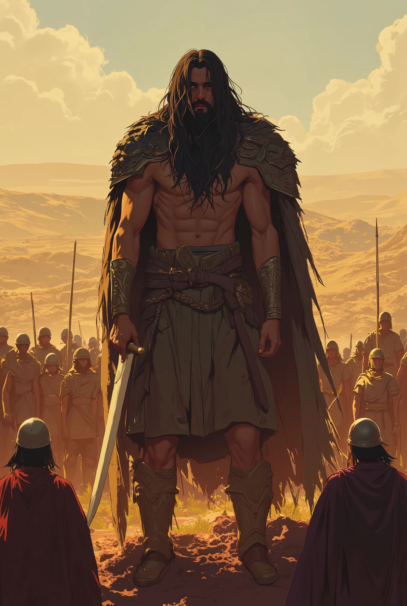 Create a realistic image of Goliath, the giant from the Bible. He has long, black hair. He is strong, huge, and has an ironic expression. This character is described in 1 Samuel chapter 17. Goliath is wearing a sword and ancient armor. He is portrayed with a strong, ironic expression. The background is the Valley of Elah in Israel. In this setting, there are Philistine soldiers around the giant Goliath. Warm, cinematic colors.