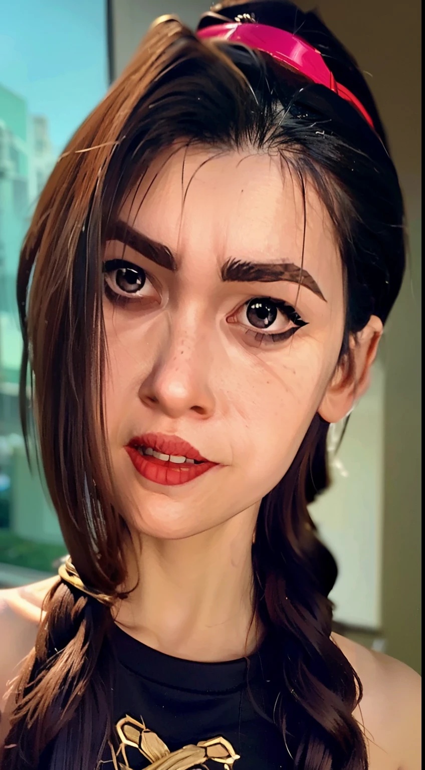arcane style, fantasy city, the night, Pupilas rosadas ardientes, is at its full height (Full body 1.1.), Fingers clenched into a fist, middle finger gesture, explosions , El Flash, 1 girl, tattoo on arm, asymmetrical bangs, copete, by the blue, braid, brown shirt, Nube de tattoos, looks at the spectator, The Mad Hatter, disturbed look, the night, The city, brown hair, cabello largo, en tu estomago, ojos rosados, red lips, shirt, Alone, of foot, tattoo, twin braids, upper body, Lasso against the Mal de ojo, Mal de ojo \(league of legends\), Fondo de pantalla CG unity 8k extremely detailed, detailed light , cinematographic lighting, chromatic aberration, Shimmering, expressionless, epic composition, dark in the background, Character Design, slurp, detailed body, vibrant, Detailed face, sharp focus, animated art, vibrant, Detailed face, Details of Hugh, sharp focus, very droopy face, A detailed eye , super fine illustration, best shade, finely detailed, beautiful detailed glow, beautiful detailed , extremely detailed, expressionless, epic composition, presented in artstation , Octane rendering , art station hd, cinematographic, 4 thousand., hypermaximalist, elegant