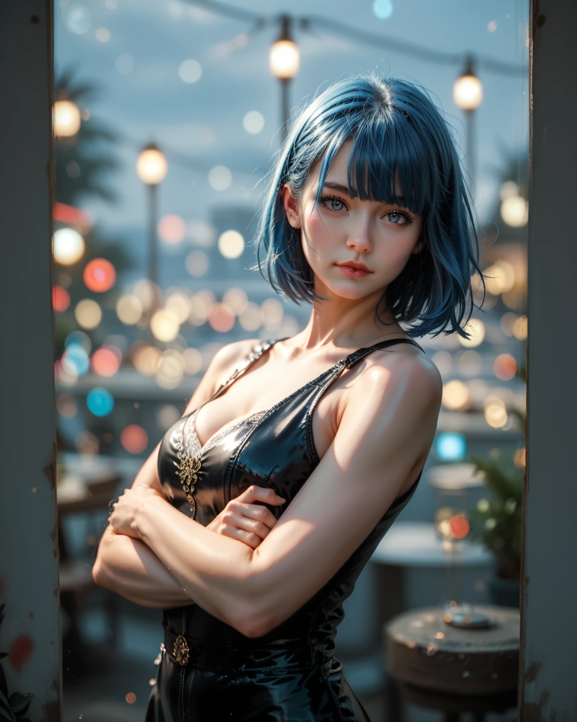 1 ultra hot girl, bellissima, black background, cropped ripped top gray shirt with short tight micro mini panties , blonde hair, blue hair, blurry bluish background, breasts, dress, earrings, fingernails, jewelry, lips, long hair, looking at viewer, nose, realistic, short hair, nightclub background, solo, upper body
