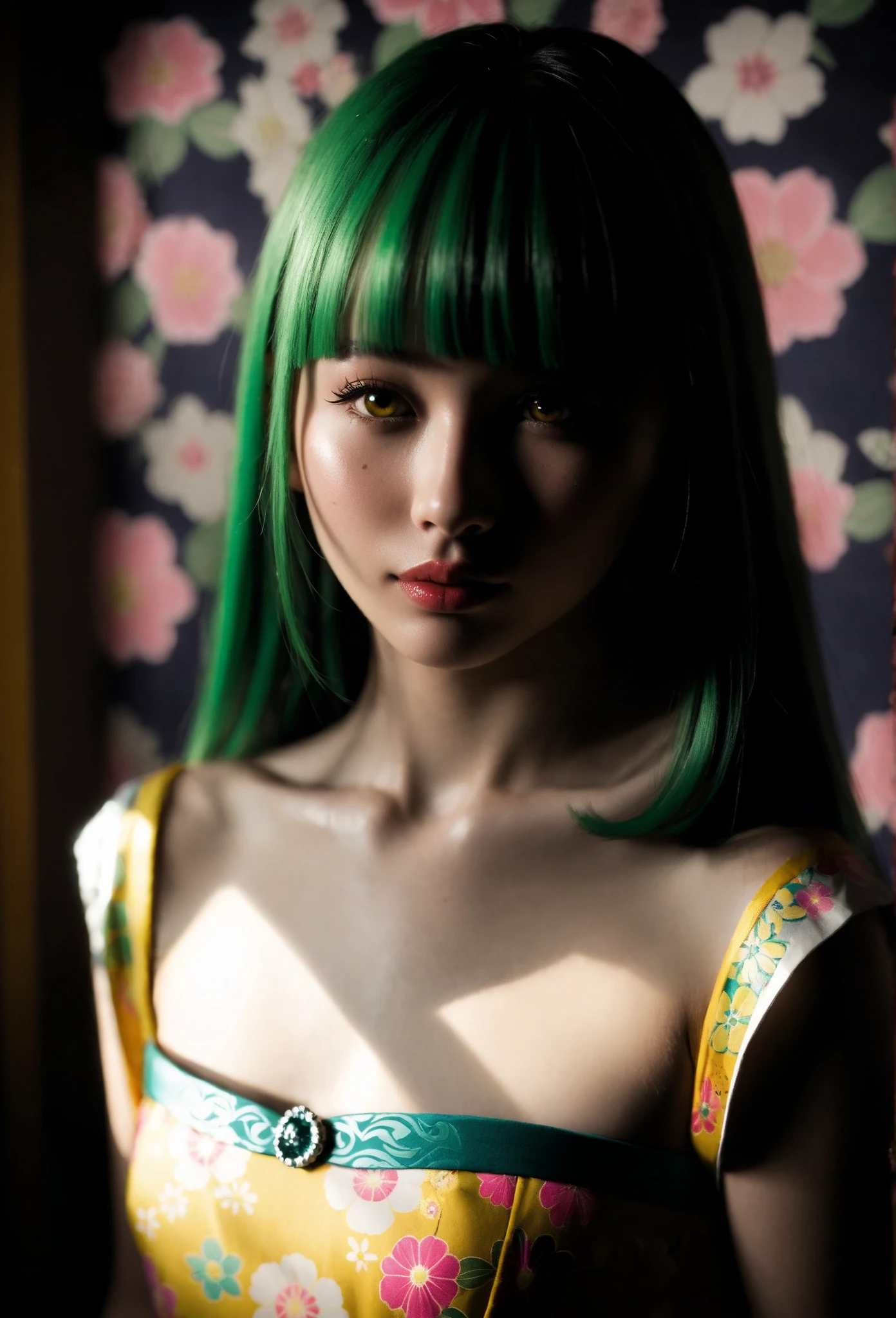 A mesmerizing surreal illustration of a young japanese woman. She has pastel green hair with blunt bangs, yellow eyes, and wears a vibrant pastel colored outfit adorned with intricate floral patterns. Freckles, shiny skin, colorful tattoos cover her arms and legs. The tattoos feature traditional Japanese motifs like flowers and mythical creatures, rendered with meticulous detail in a pastel color palette. The background is a vintage floral-patterned wallpaper that complements the artwork's colors. The artwork fuses modern illustration techniques with traditional Japanese aesthetics, resulting in a visually striking, portrait,