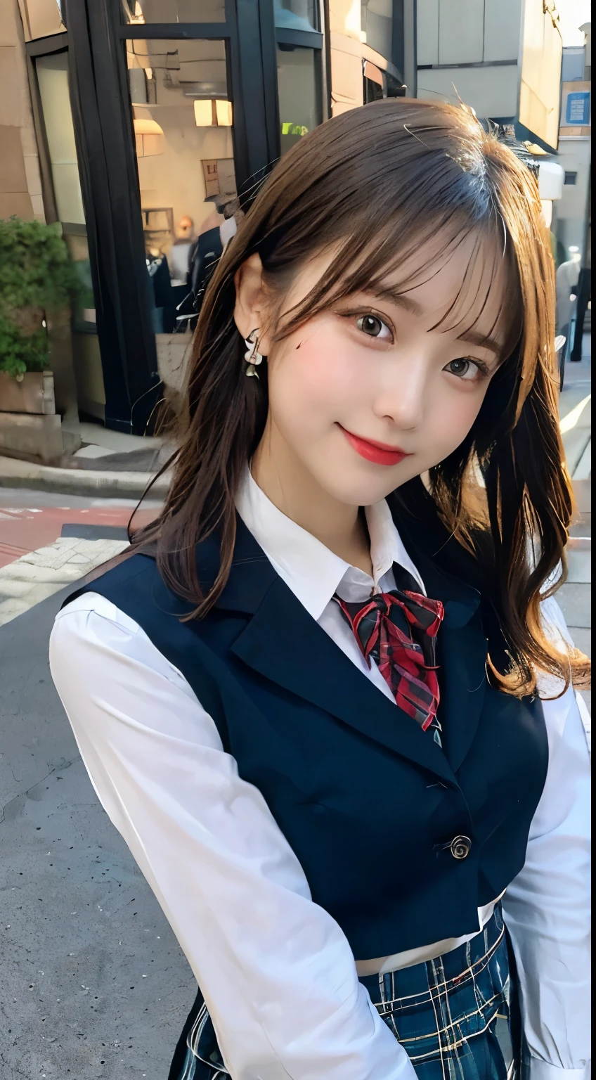 Top Quality、8k、best image quality、Award-Winning Works)、1. Lady, Radiant Beautiful Skin , masterpiece、Top Quality、Ultra Hi-Def 、Depth of Field、lens flare ,、brown hair, big breasts, are staring at the viewer's gaze, big breasts , perfect leg, model pose, view from below, smile , Chest, Long sleeve uniform
( school uniform, , Teal Micro Mini Pleated Tartan Skirt:1.3)